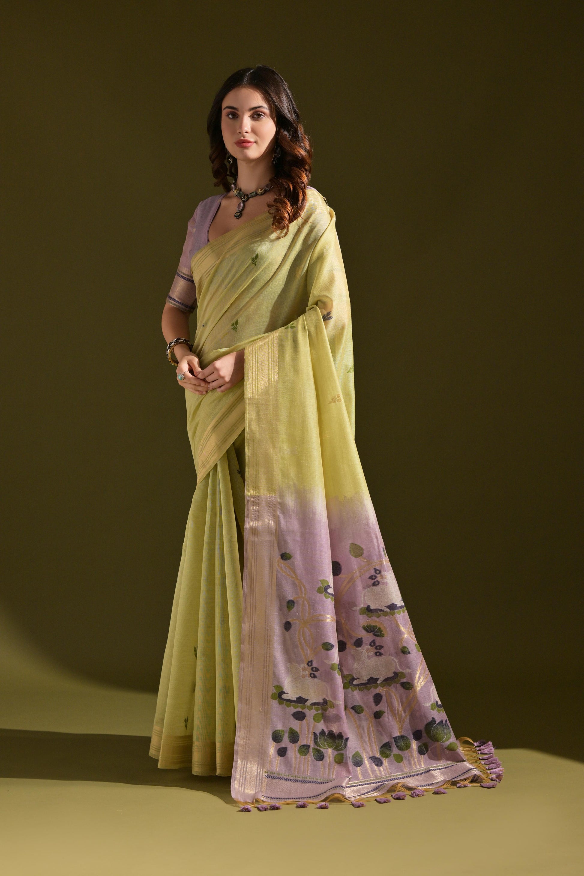 Jyoti Fashion Women's Green Soft Muga Cotton Resham Zari Weaving Traditional Saree with Blouse | Swadesiicart