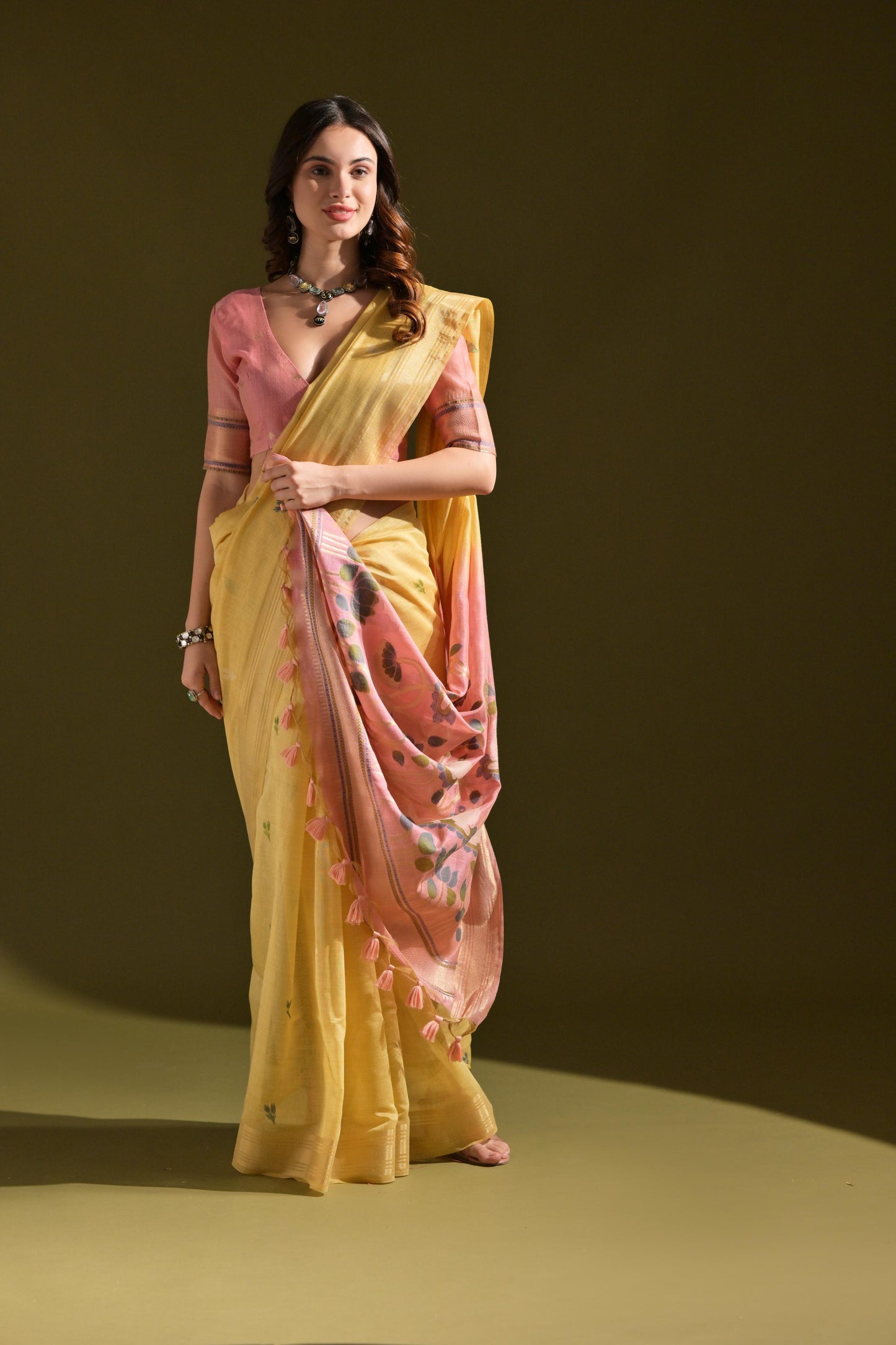 Jyoti Fashion Women's Yellow Soft Muga Cotton Resham Zari Weaving Traditional Saree with Blouse | Swadesiicart