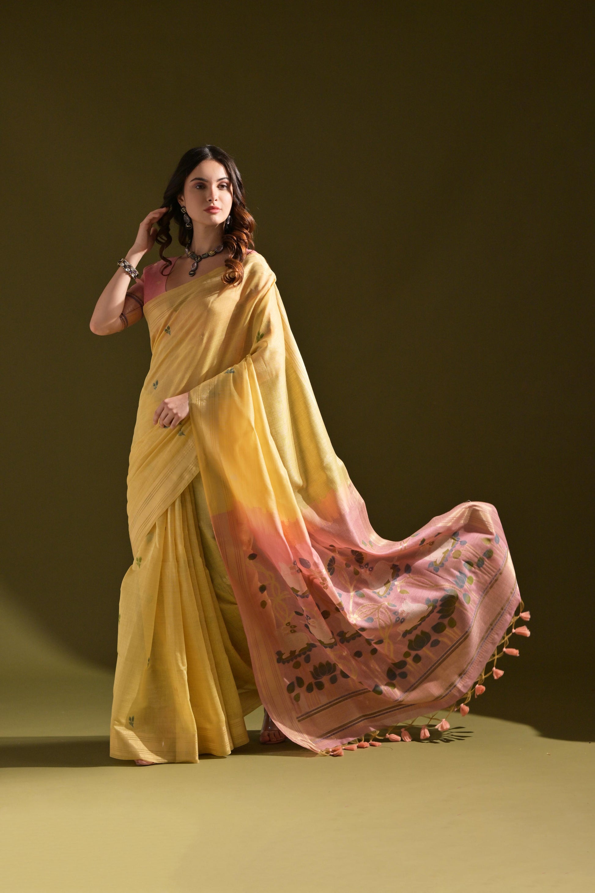 Jyoti Fashion Women's Yellow Soft Muga Cotton Resham Zari Weaving Traditional Saree with Blouse | Swadesiicart