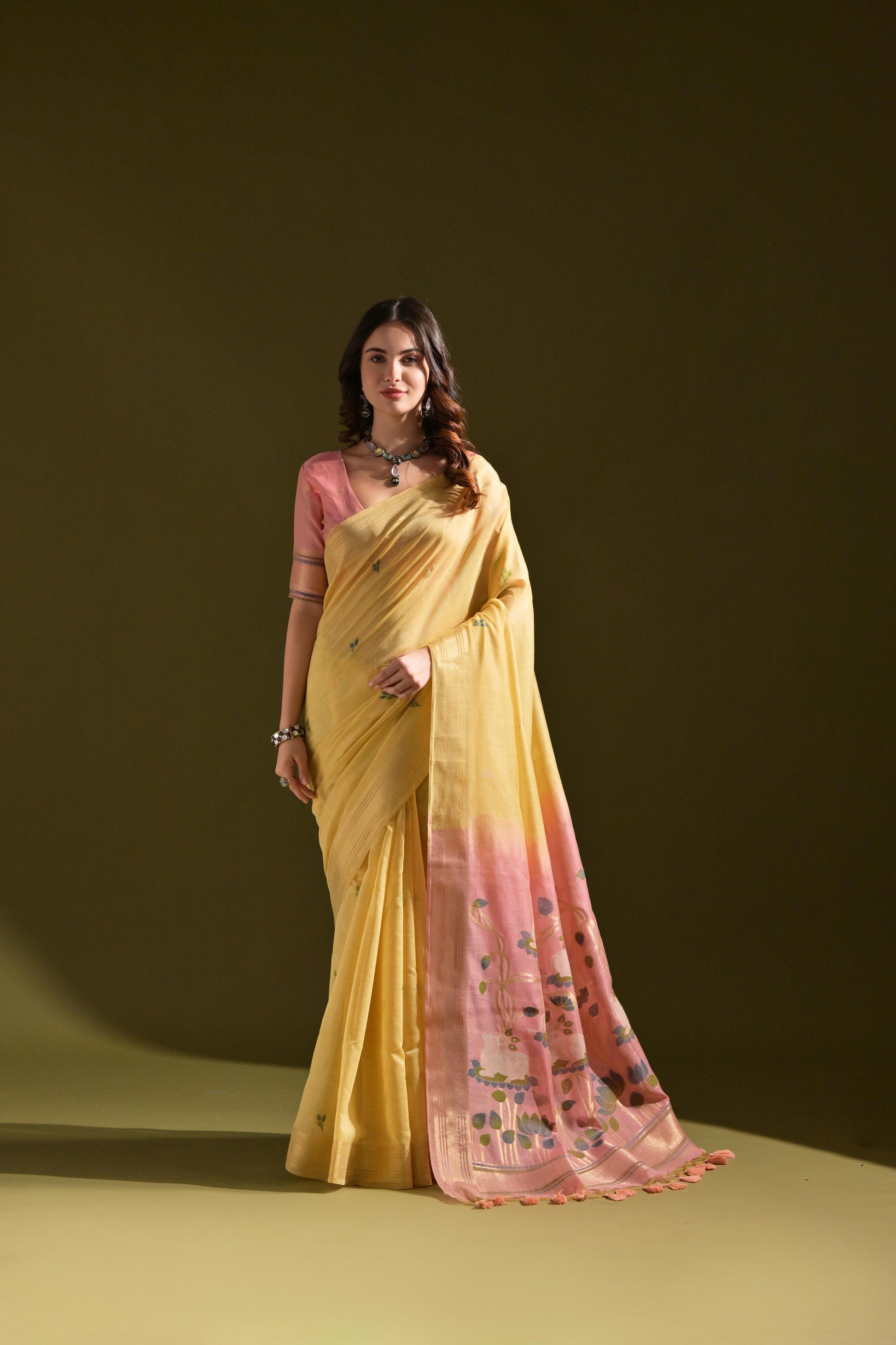 Jyoti Fashion Women's Yellow Soft Muga Cotton Resham Zari Weaving Traditional Saree with Blouse | Swadesiicart