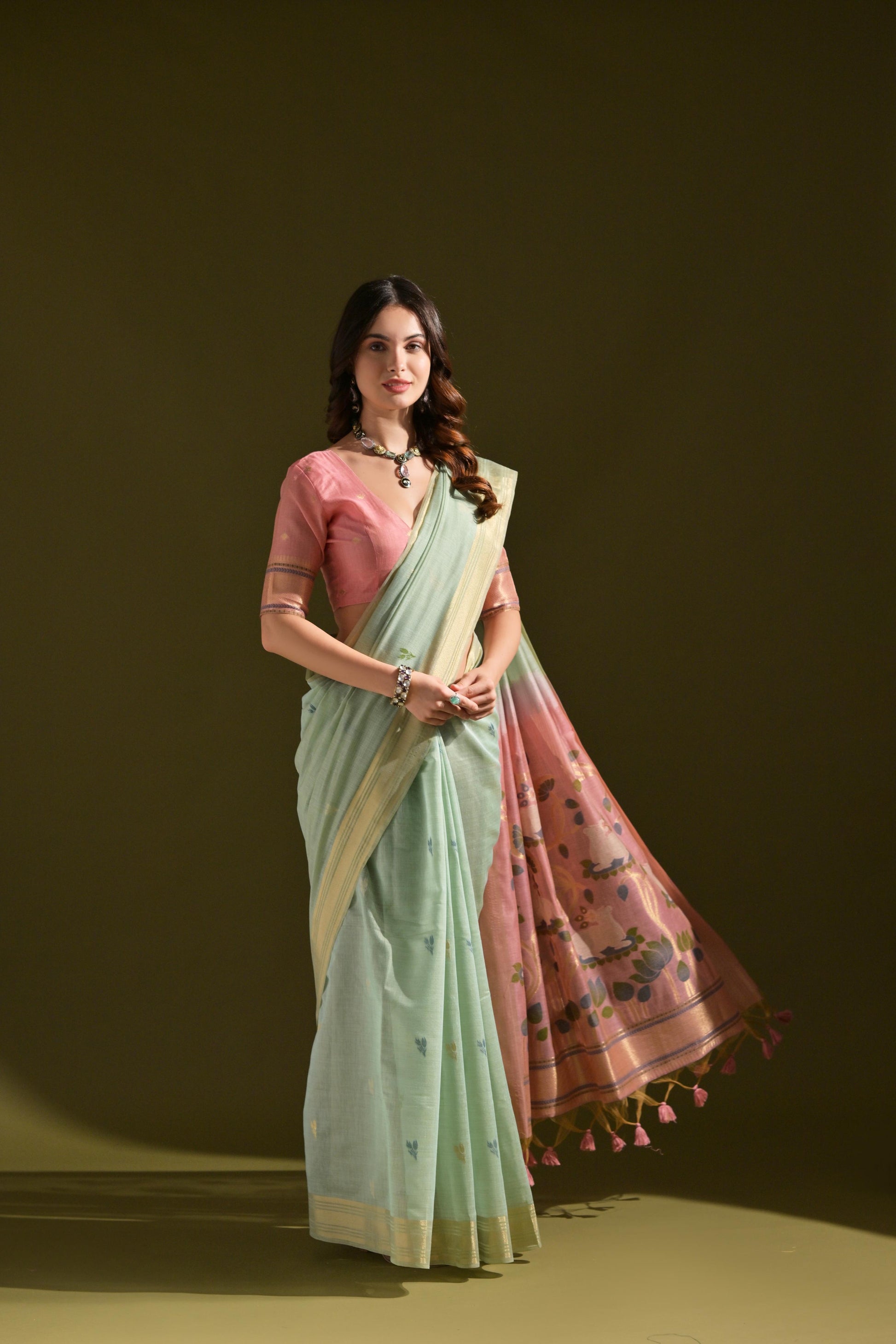 Jyoti Fashion Women's Sky Blue Soft Muga Cotton Resham Zari Weaving Traditional Saree with Blouse | Swadesiicart
