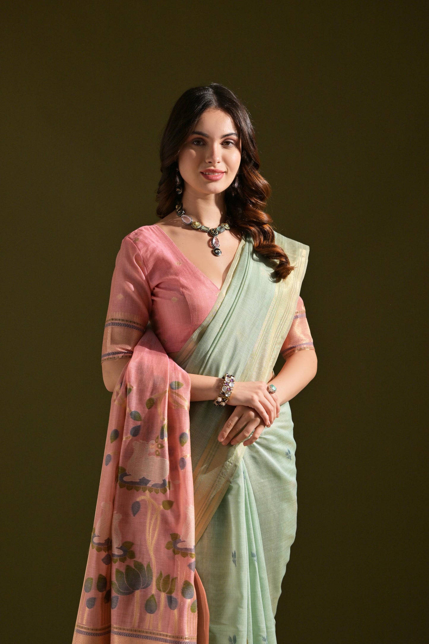 Jyoti Fashion Women's Sky Blue Soft Muga Cotton Resham Zari Weaving Traditional Saree with Blouse | Swadesiicart