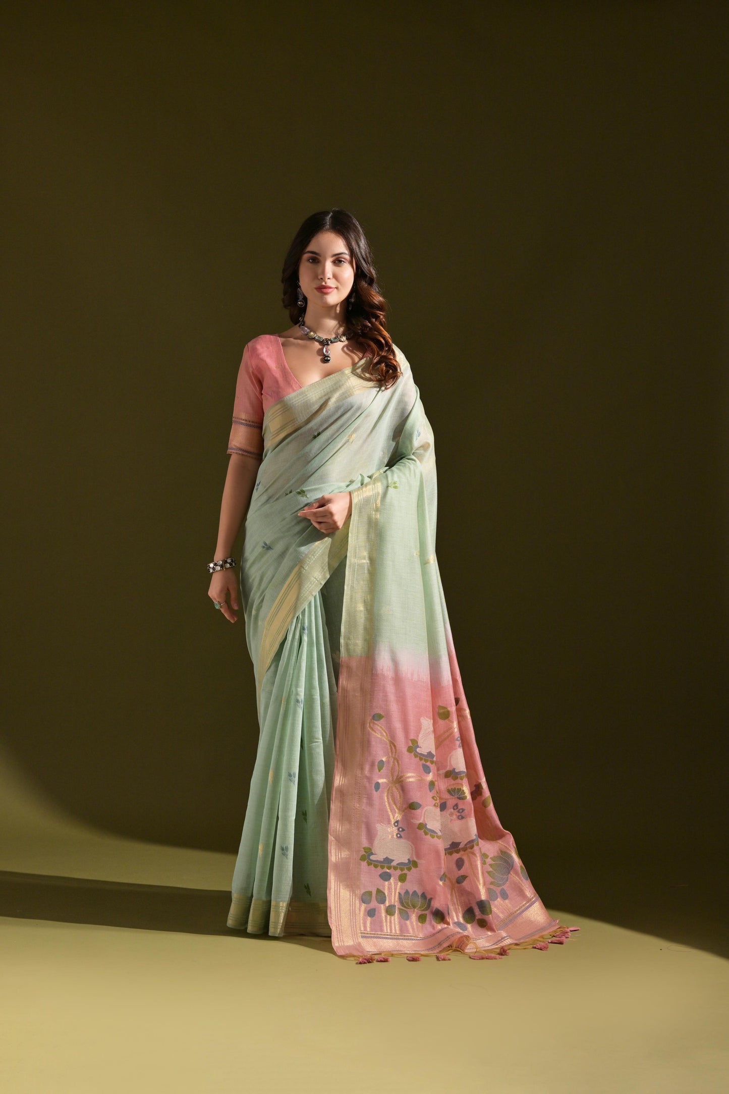 Jyoti Fashion Women's Sky Blue Soft Muga Cotton Resham Zari Weaving Traditional Saree with Blouse | Swadesiicart