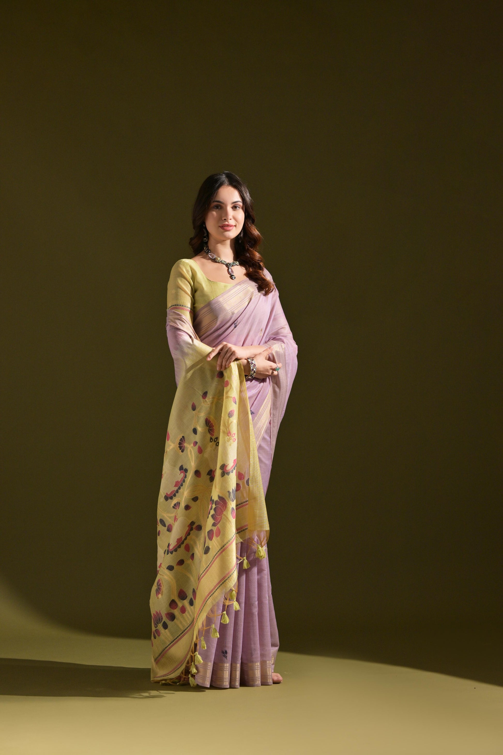 Jyoti Fashion Women's Purple Soft Muga Cotton Resham Zari Weaving Traditional Saree with Blouse | Swadesiicart