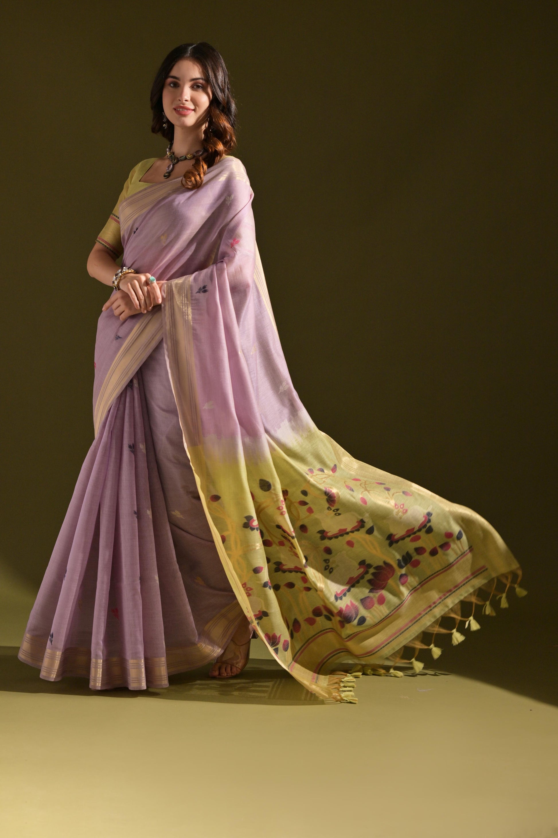 Jyoti Fashion Women's Purple Soft Muga Cotton Resham Zari Weaving Traditional Saree with Blouse | Swadesiicart