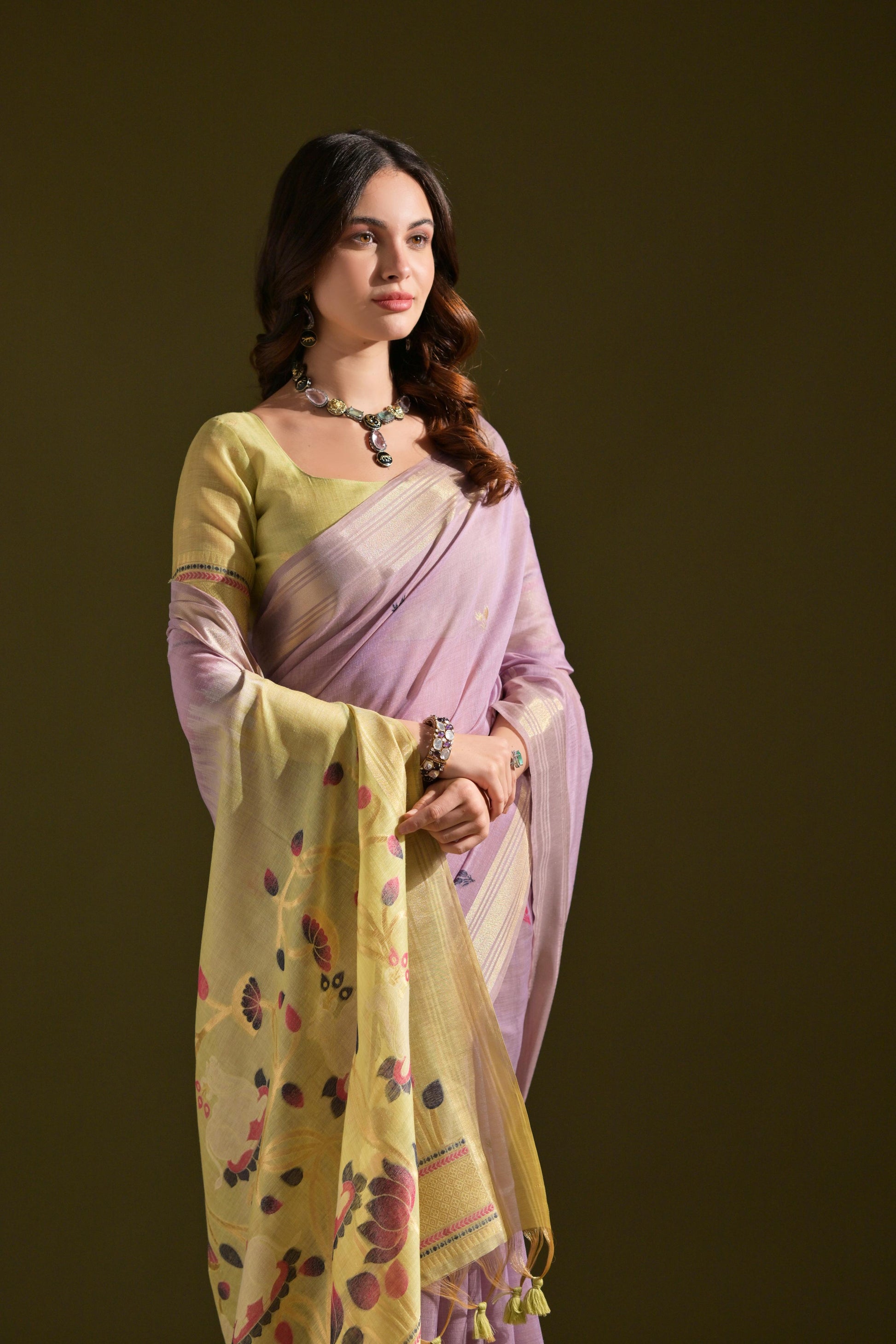 Jyoti Fashion Women's Purple Soft Muga Cotton Resham Zari Weaving Traditional Saree with Blouse | Swadesiicart