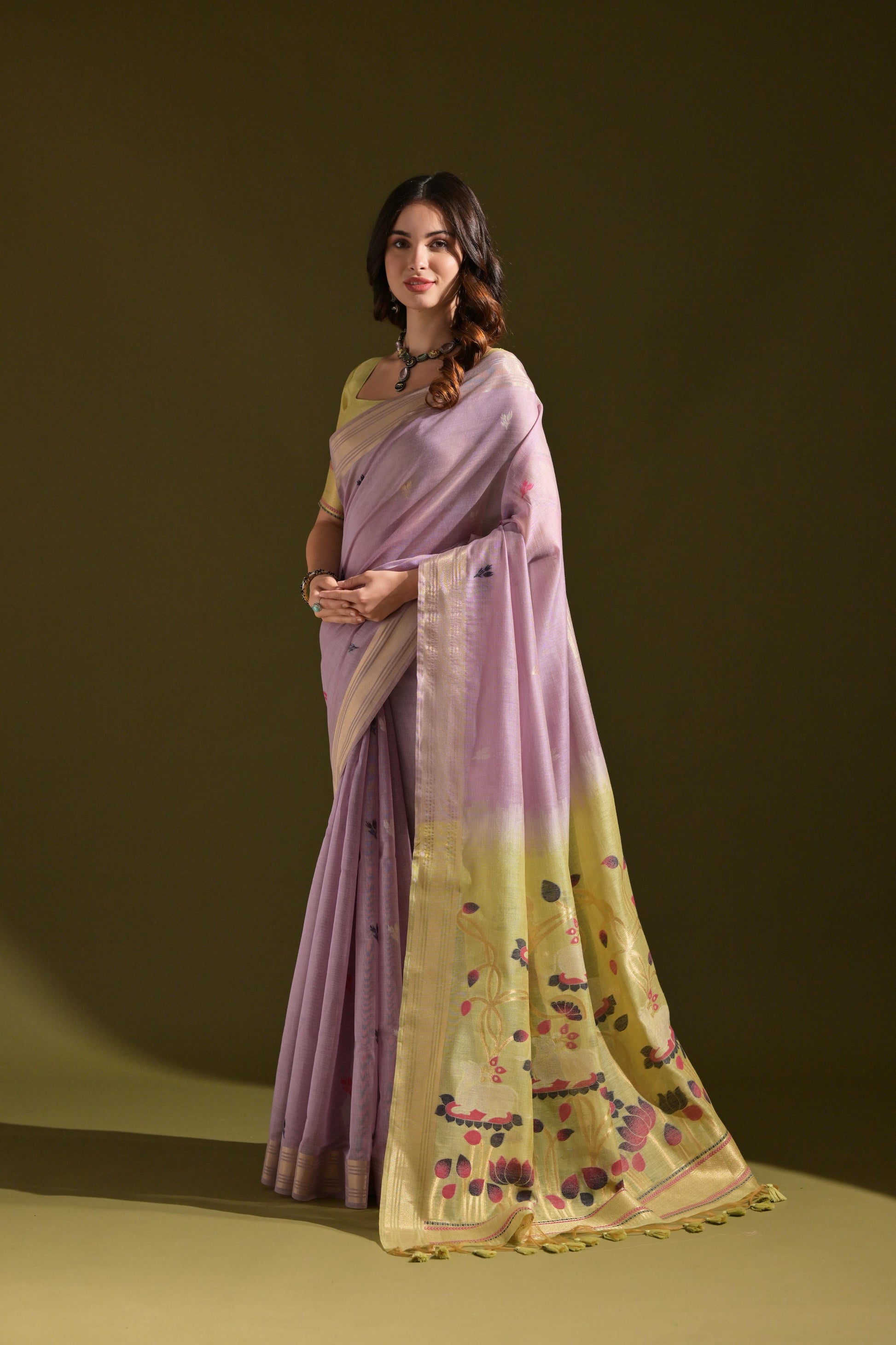 Jyoti Fashion Women's Purple Soft Muga Cotton Resham Zari Weaving Traditional Saree with Blouse | Swadesiicart
