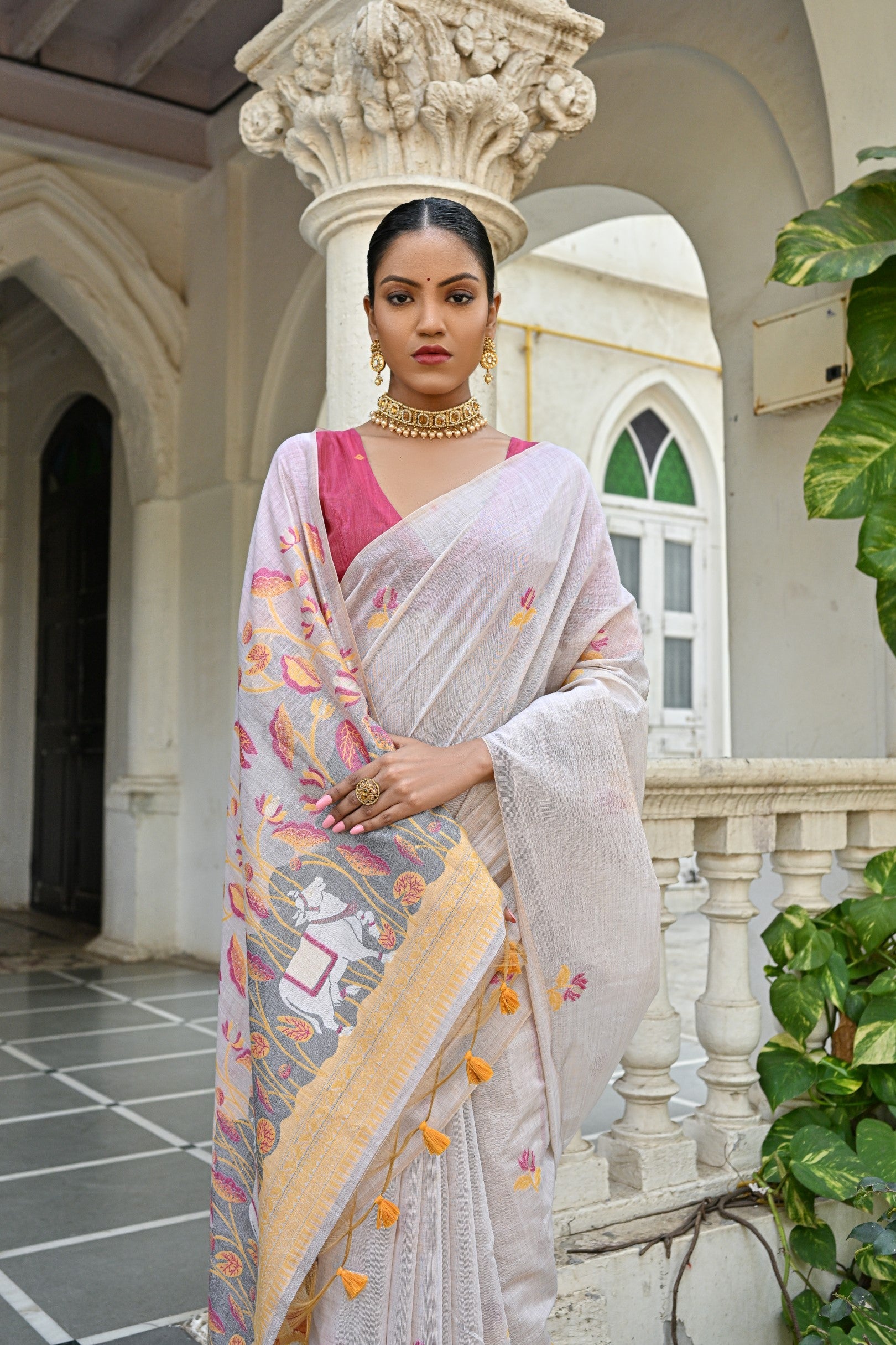 Jyoti Fashion Women's Yellow Soft Muga Cotton Floral Weaving Traditional Saree with Blouse | Swadesiicart