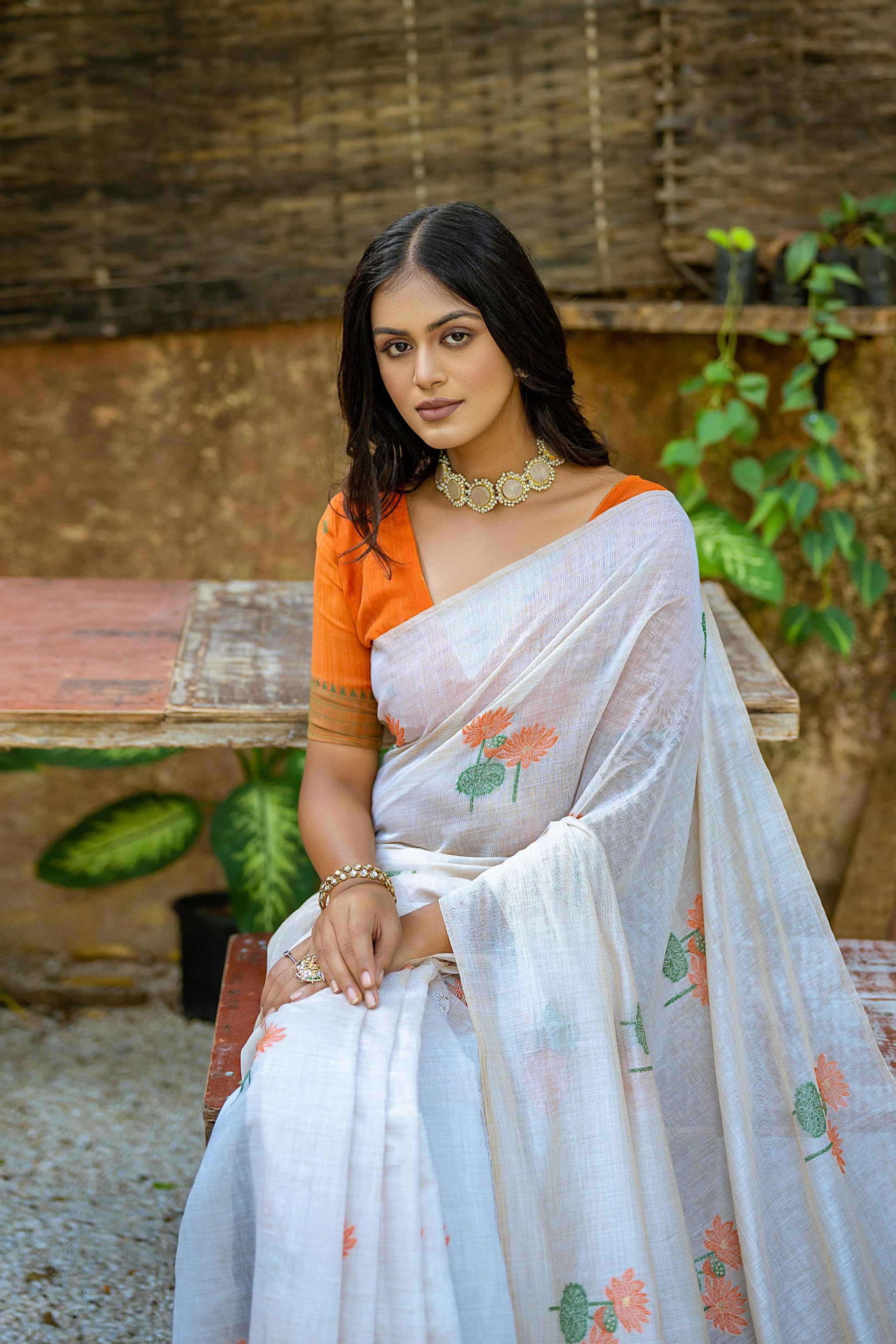 Jyoti Fashion Women's Orange Soft Muga Cotton Floral Weaving Traditional Saree with Blouse | Swadesiicart