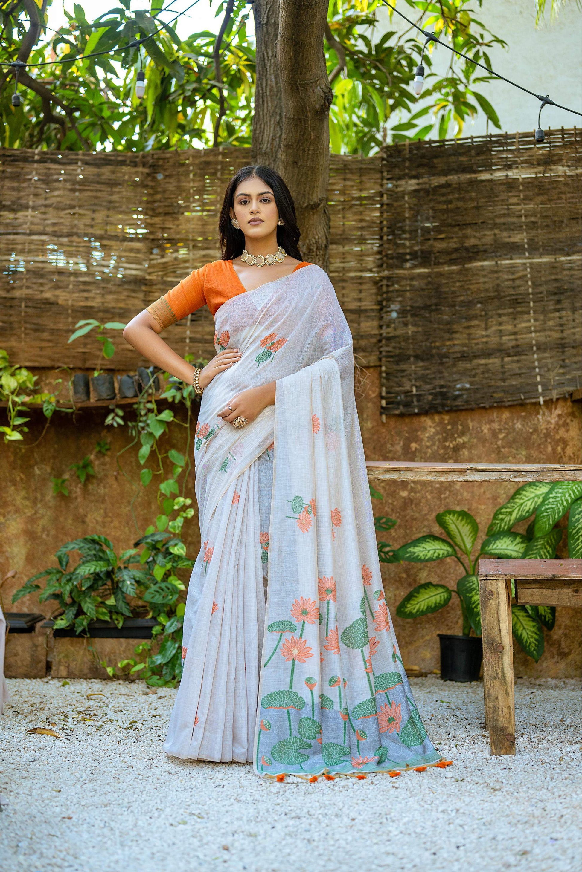 Jyoti Fashion Women's Orange Soft Muga Cotton Floral Weaving Traditional Saree with Blouse | Swadesiicart