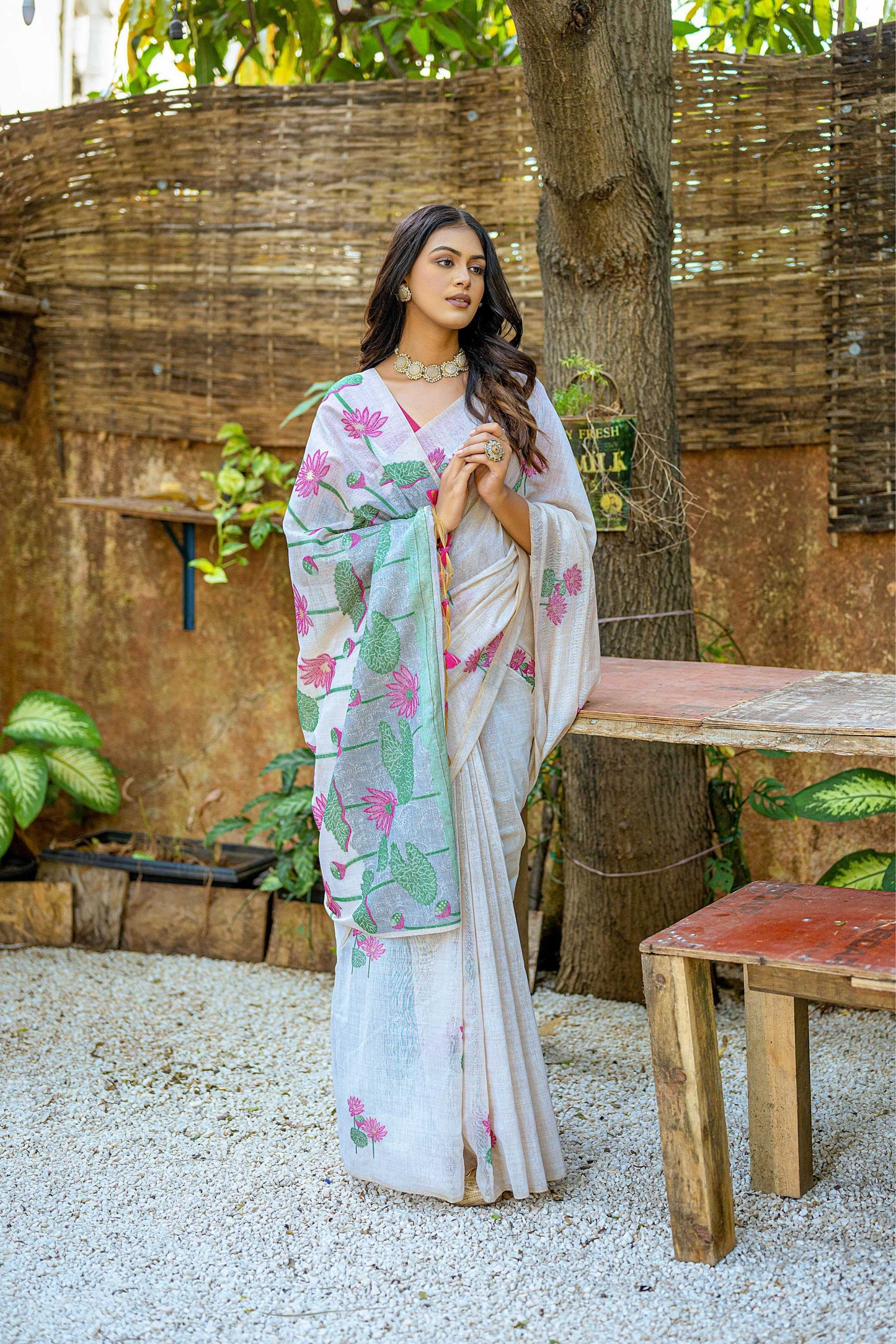 Jyoti Fashion Women's Pink Soft Muga Cotton Floral Weaving Traditional Saree with Blouse | Swadesiicart