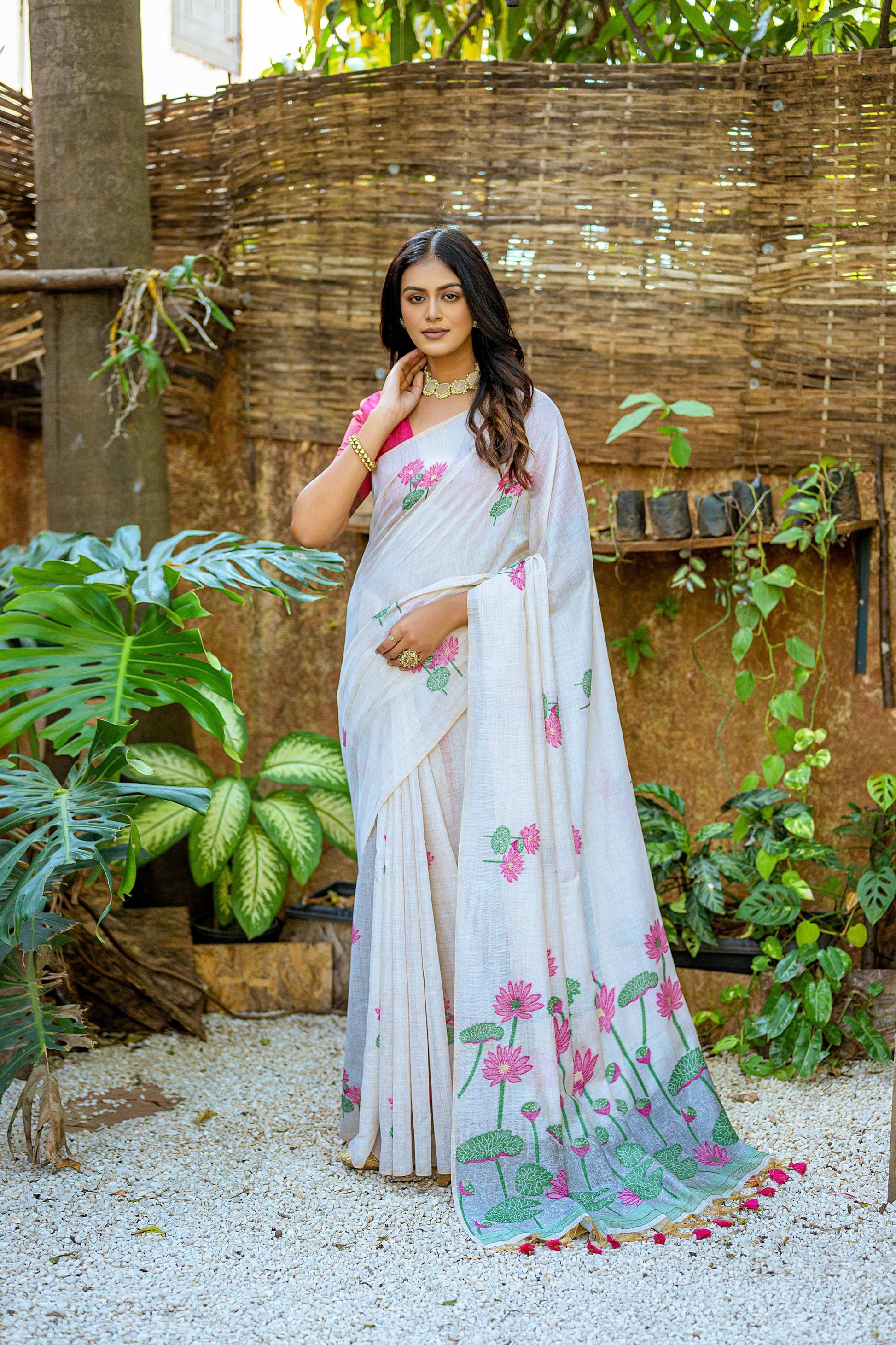 Jyoti Fashion Women's Pink Soft Muga Cotton Floral Weaving Traditional Saree with Blouse | Swadesiicart