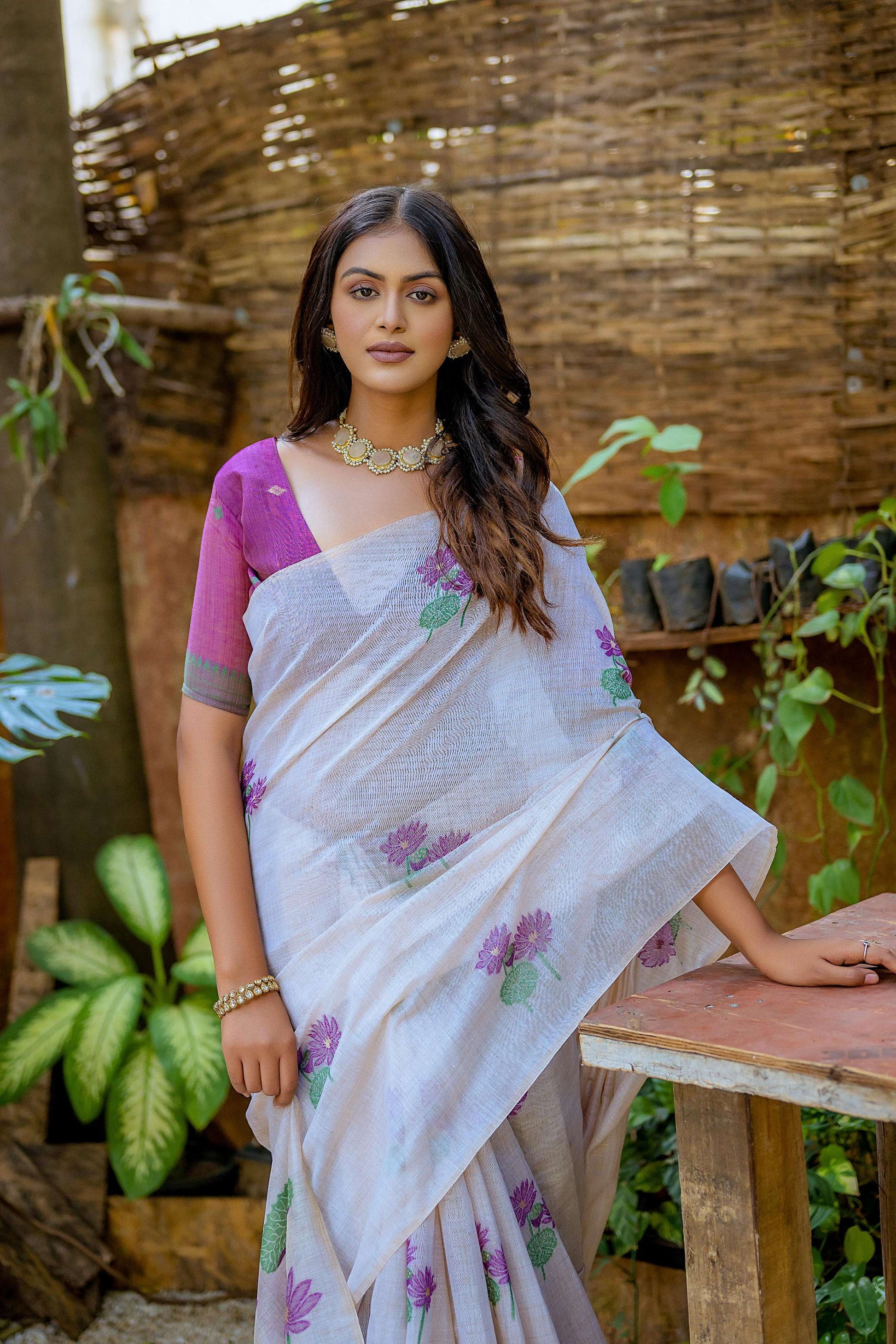 Jyoti Fashion Women's Wine Soft Muga Cotton Floral Weaving Traditional Saree with Blouse | Swadesiicart
