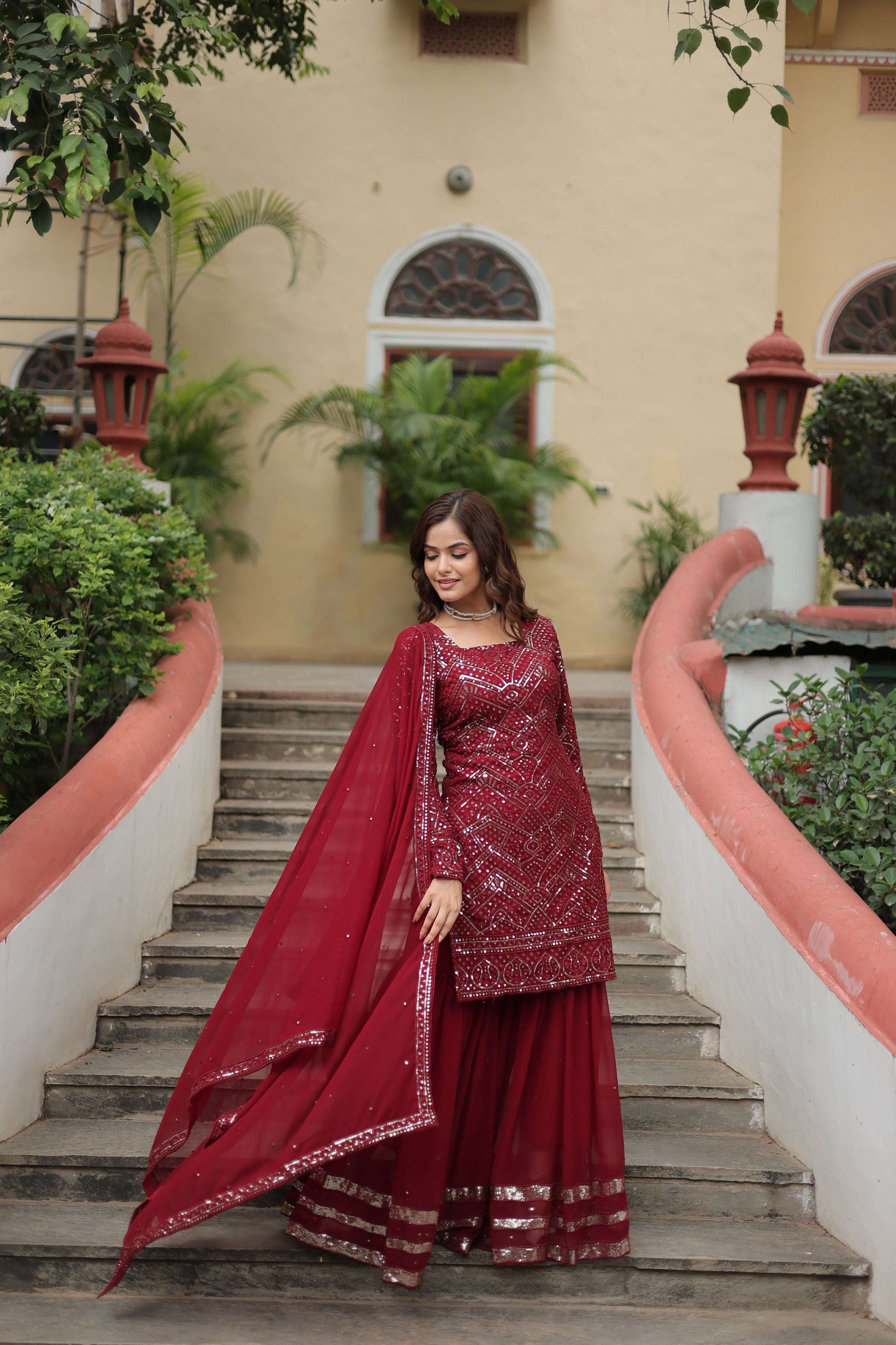 Jyoti Fashion Women's Maroon Faux Georgette Sequins Thread Embroidered Sharara Set with Dupatta | Swadesiicart