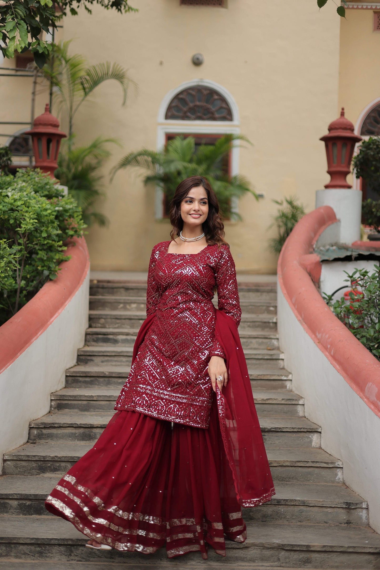 Jyoti Fashion Women's Maroon Faux Georgette Sequins Thread Embroidered Sharara Set with Dupatta | Swadesiicart