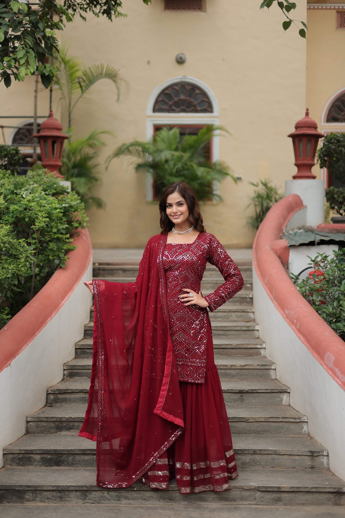 Jyoti Fashion Women's Maroon Faux Georgette Sequins Thread Embroidered Sharara Set with Dupatta | Swadesiicart