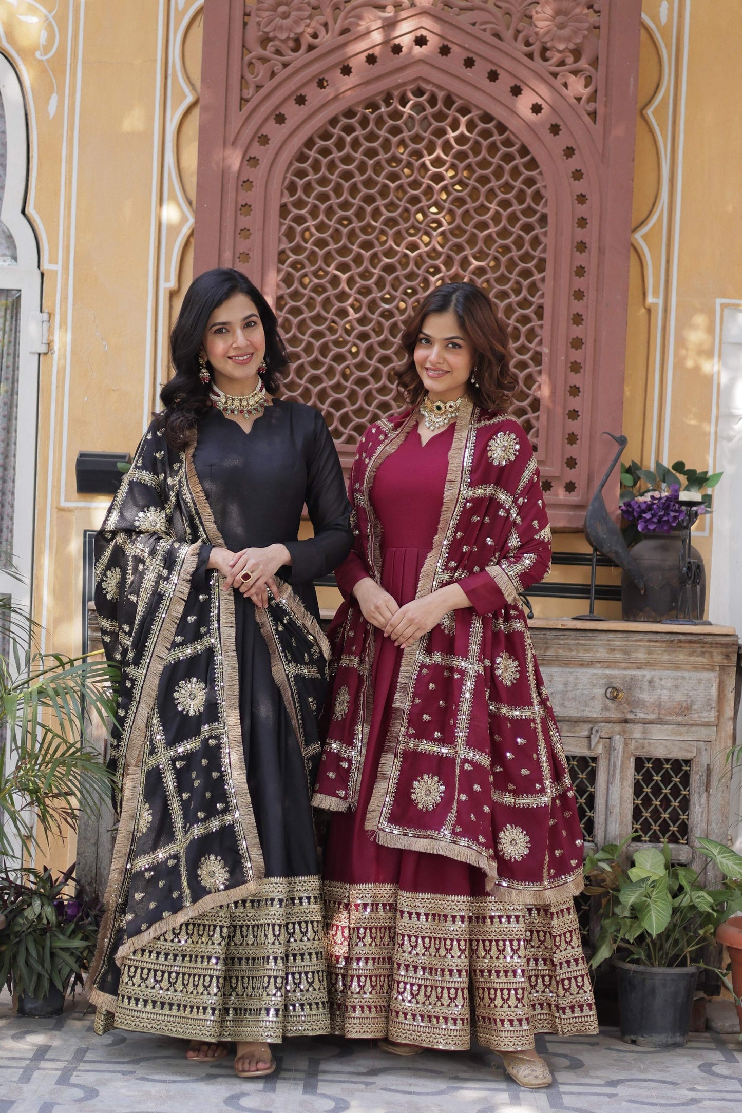 Jyoti Fashion Women's Black & Maroon Star Georgette Sequins Zari Embroidered Combo Anarkali Sets | Swadesiicart