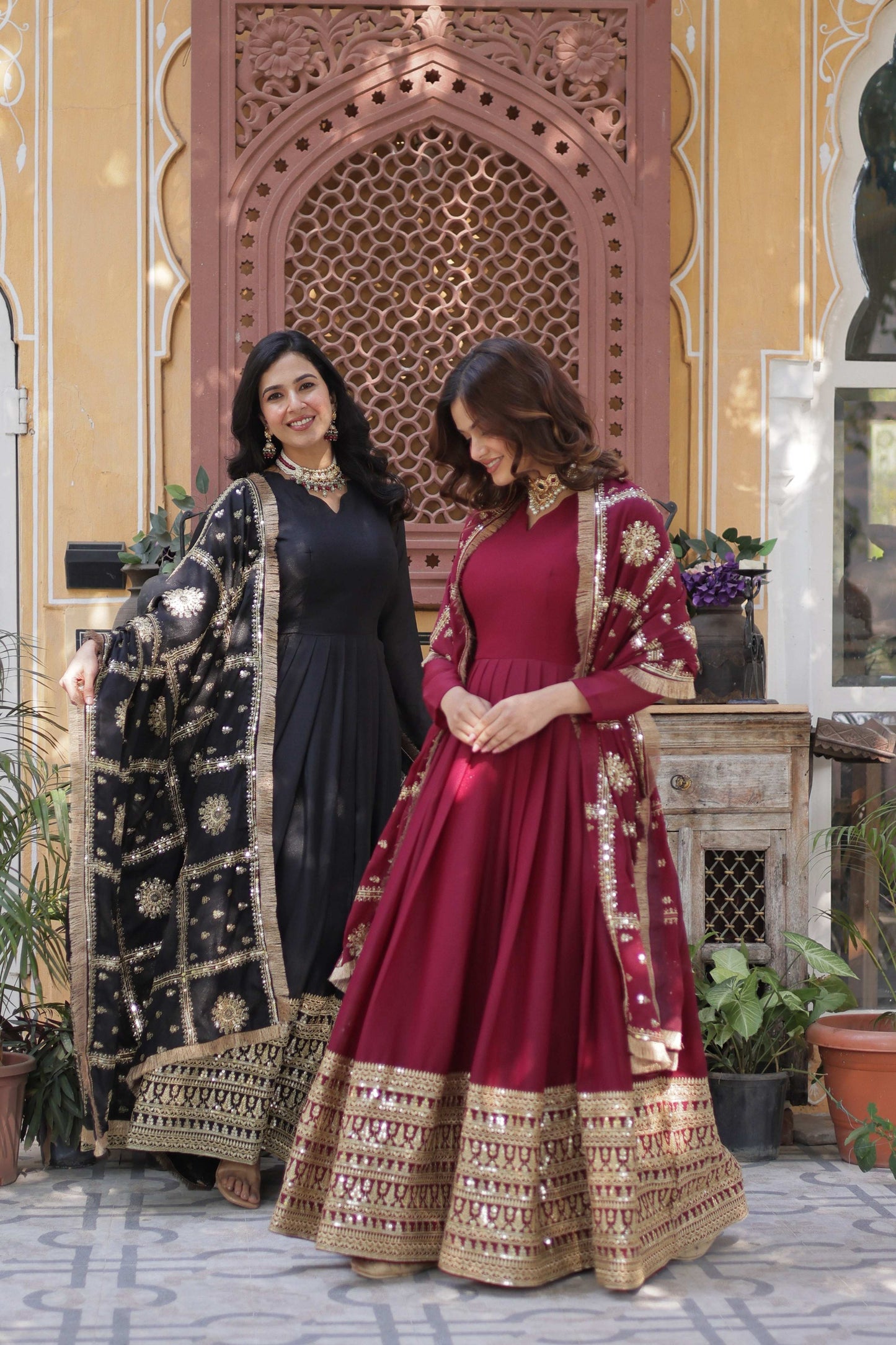 Jyoti Fashion Women's Black & Maroon Star Georgette Sequins Zari Embroidered Combo Anarkali Sets | Swadesiicart