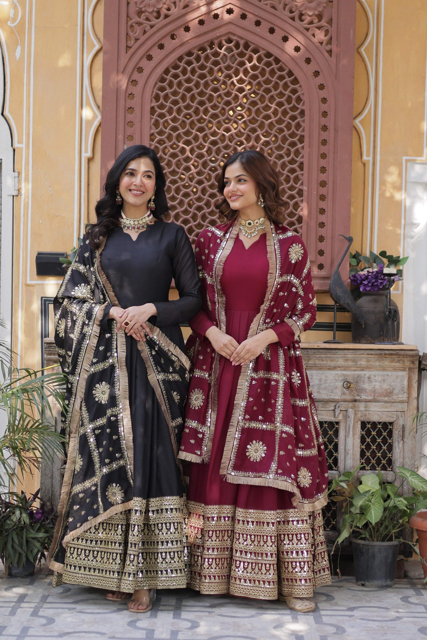 Jyoti Fashion Women's Black & Maroon Star Georgette Sequins Zari Embroidered Combo Anarkali Sets | Swadesiicart