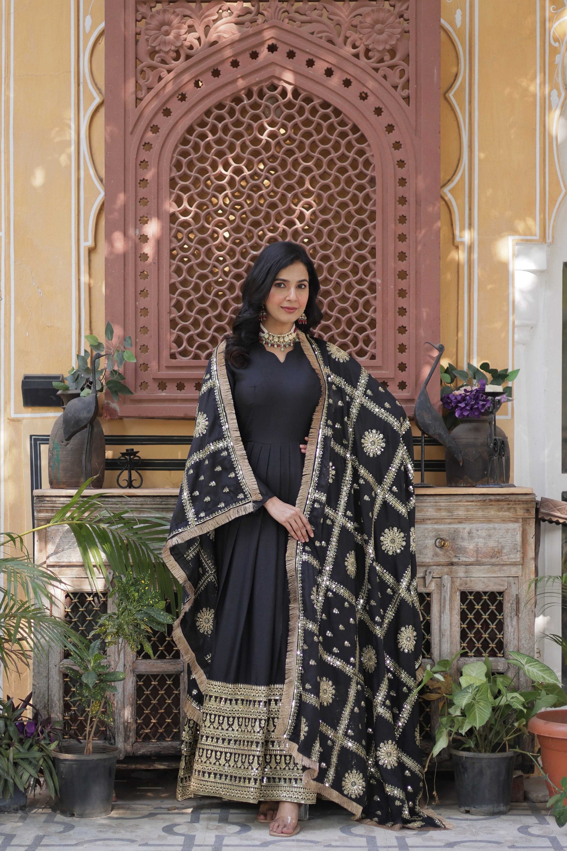 Jyoti Fashion Women's Black Star Georgette Sequins Zari Embroidered Long Anarkali Sets | Swadesiicart