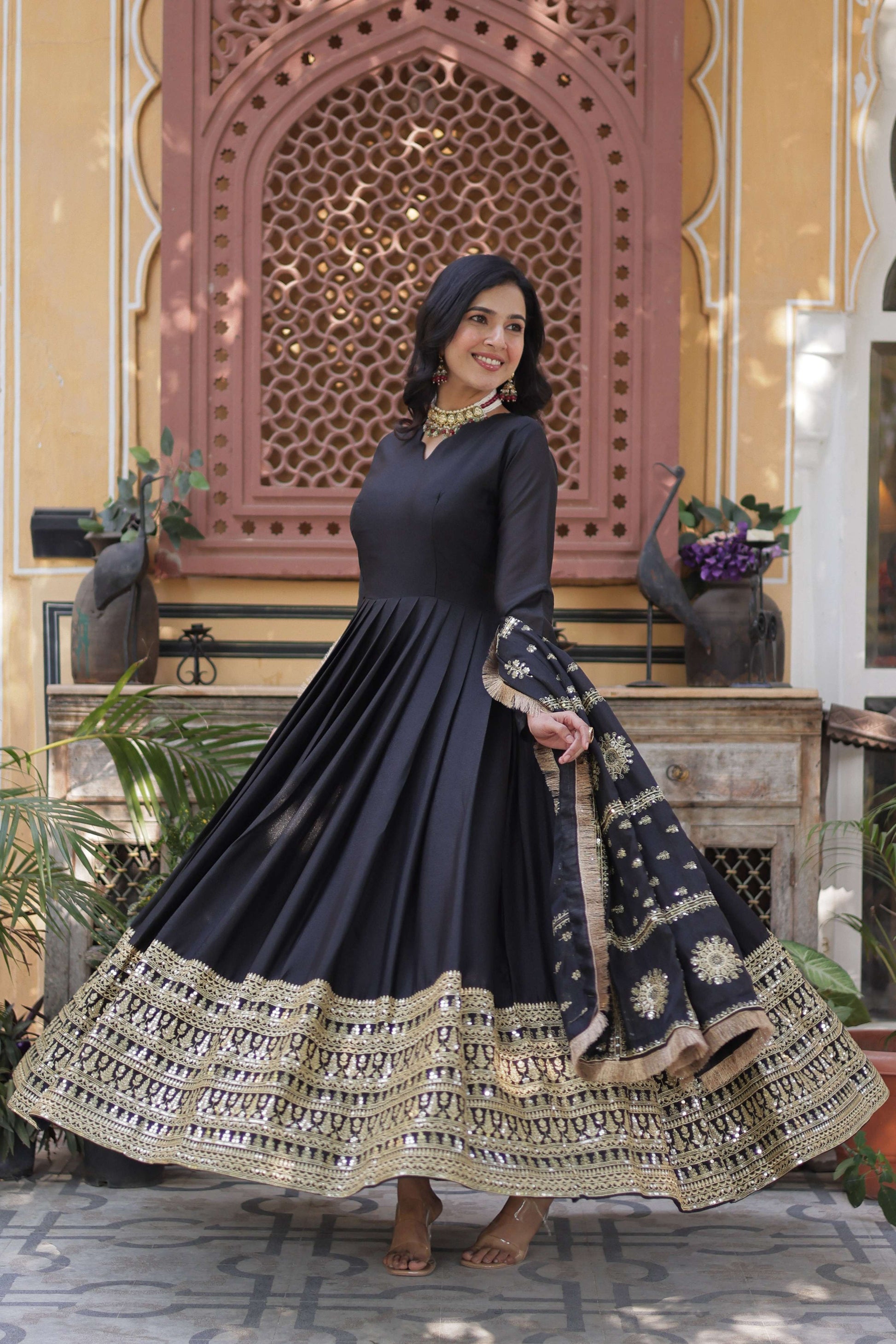 Jyoti Fashion Women's Black Star Georgette Sequins Zari Embroidered Long Anarkali Sets | Swadesiicart