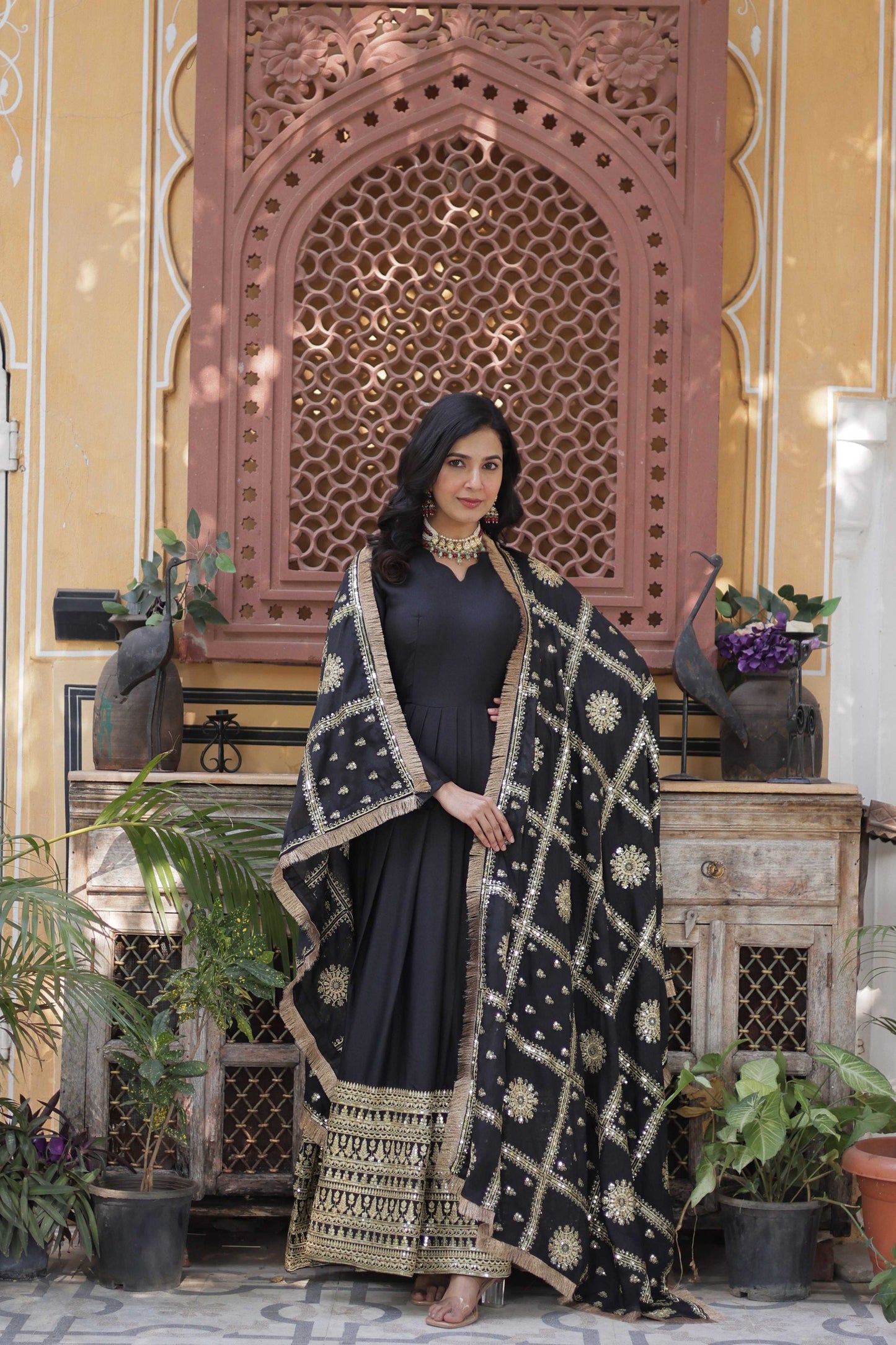 Jyoti Fashion Women's Black Star Georgette Sequins Zari Embroidered Long Anarkali Sets | Swadesiicart