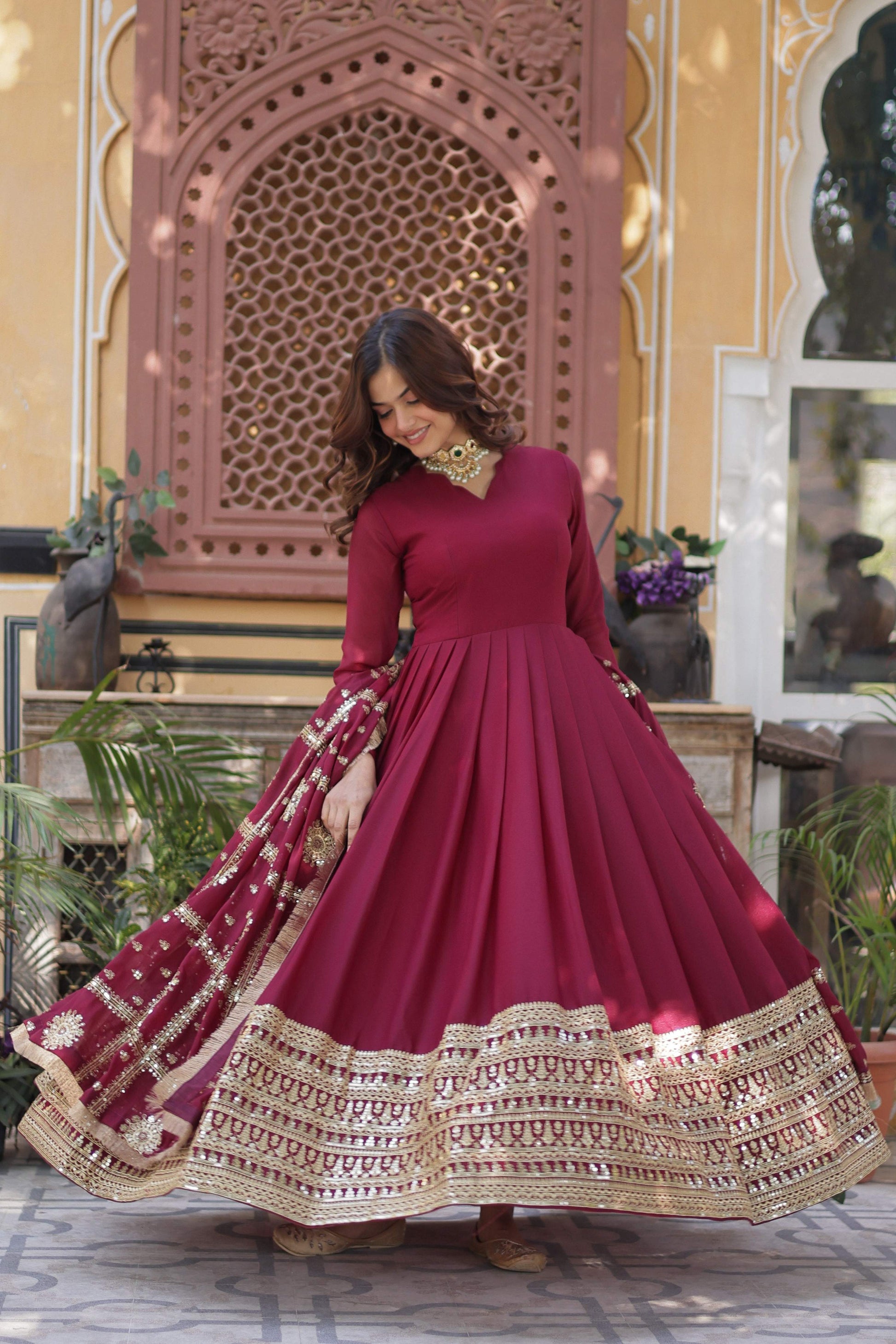 Jyoti Fashion Women's Maroon Star Georgette Sequins Zari Embroidered Long Anarkali Sets | Swadesiicart