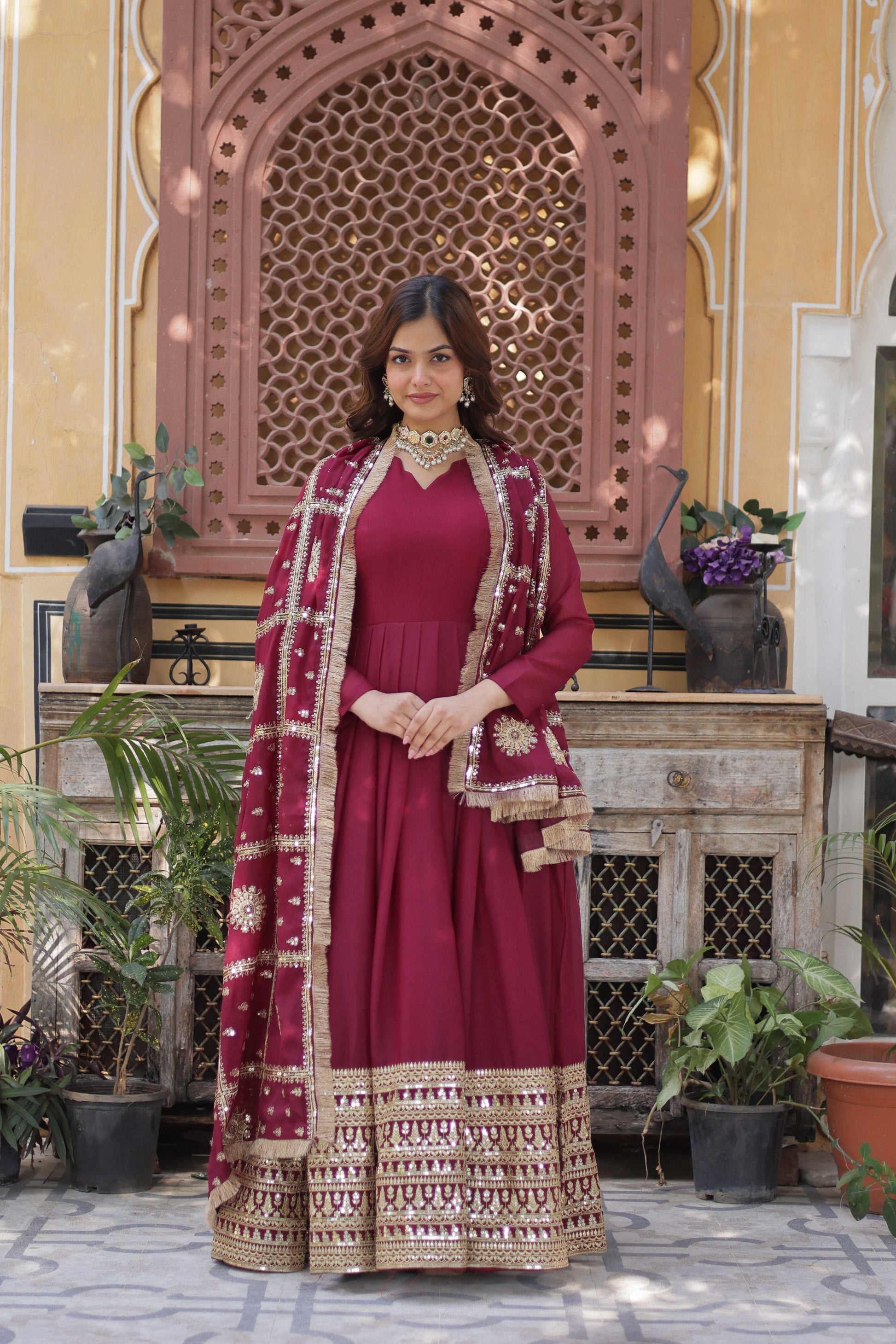 Jyoti Fashion Women's Maroon Star Georgette Sequins Zari Embroidered Long Anarkali Sets | Swadesiicart