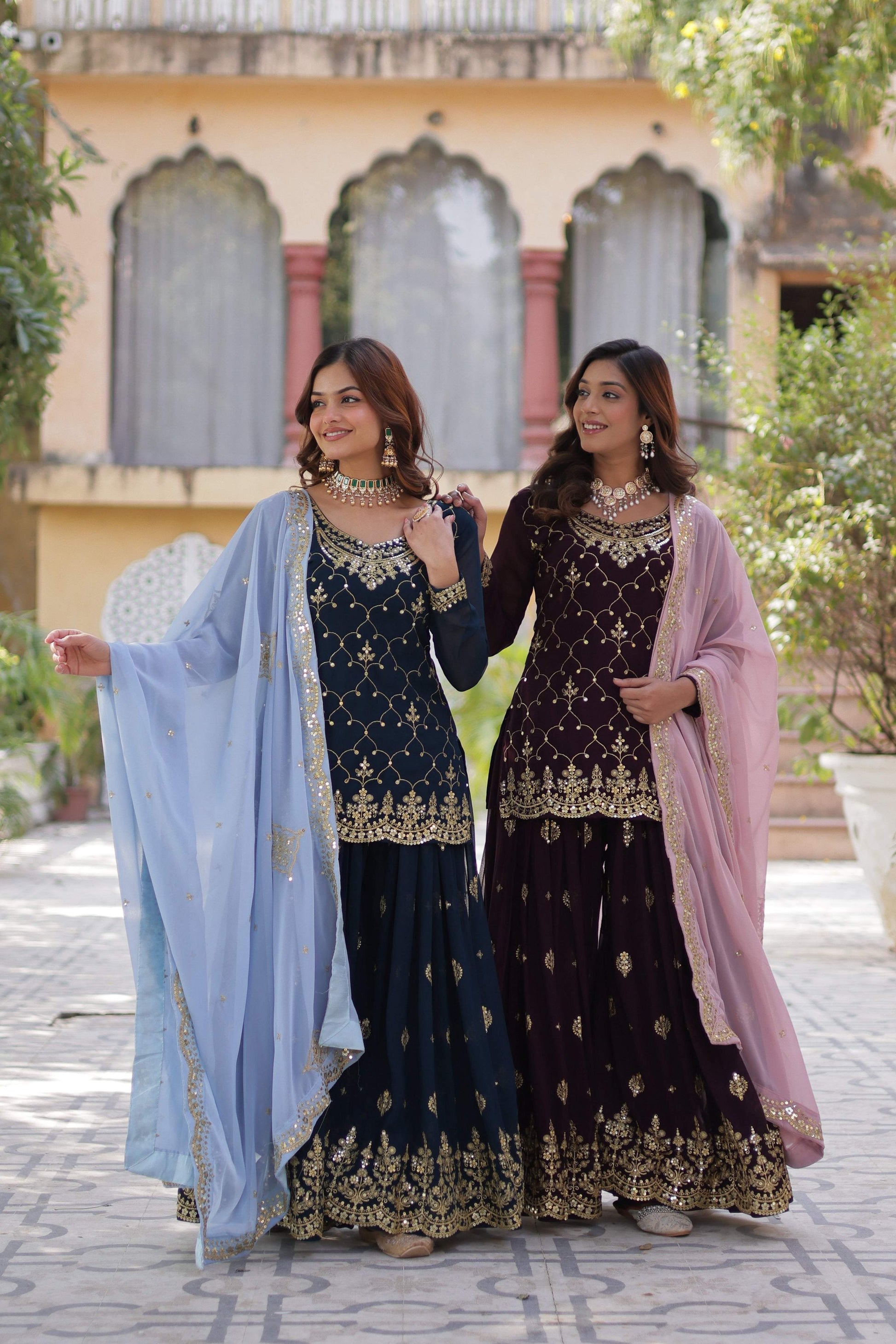 Jyoti Fashion Women's Rama & Wine Faux Blooming Sequins Embroidered Combo Sharara Set with Dupatta | Swadesiicart