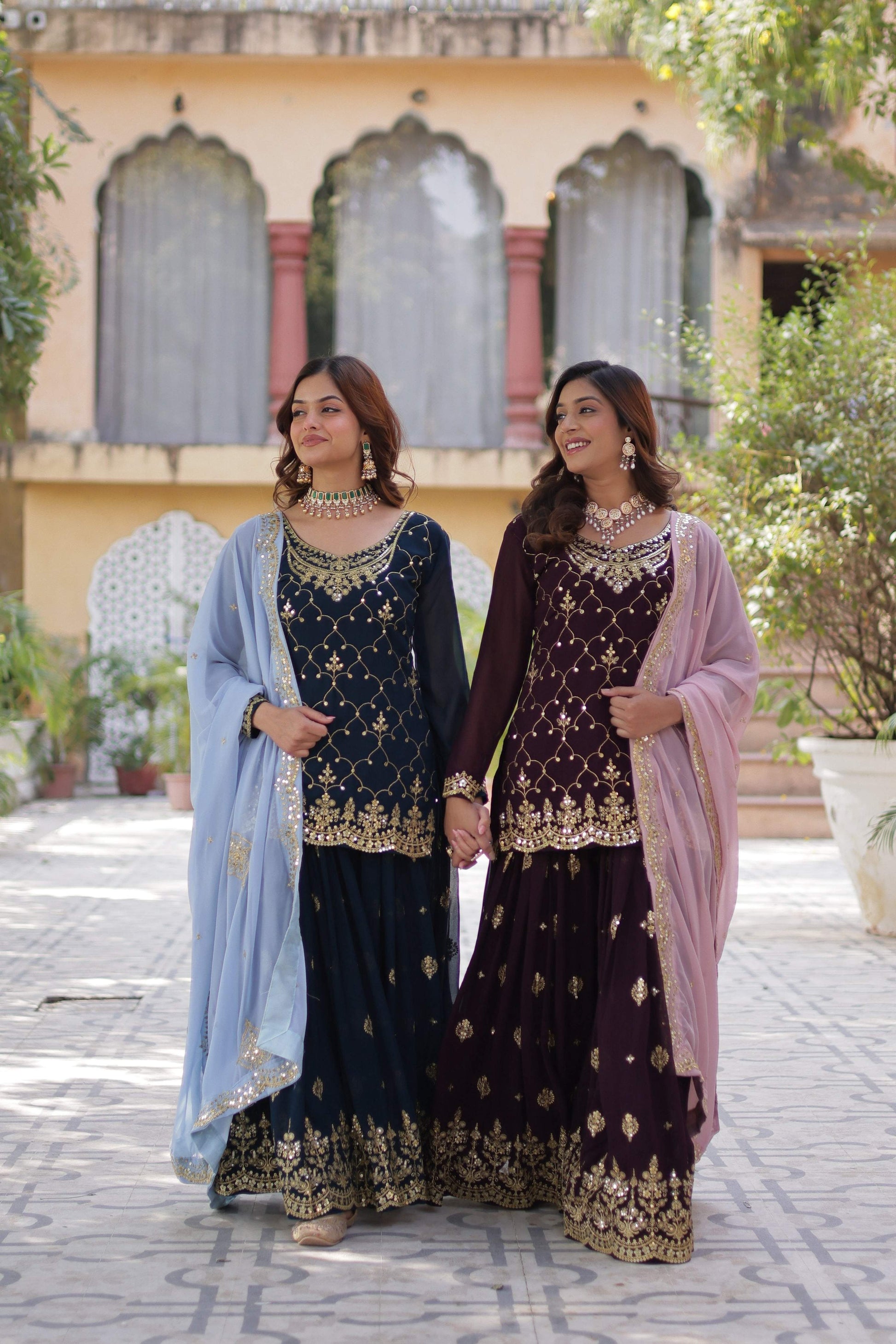Jyoti Fashion Women's Rama & Wine Faux Blooming Sequins Embroidered Combo Sharara Set with Dupatta | Swadesiicart