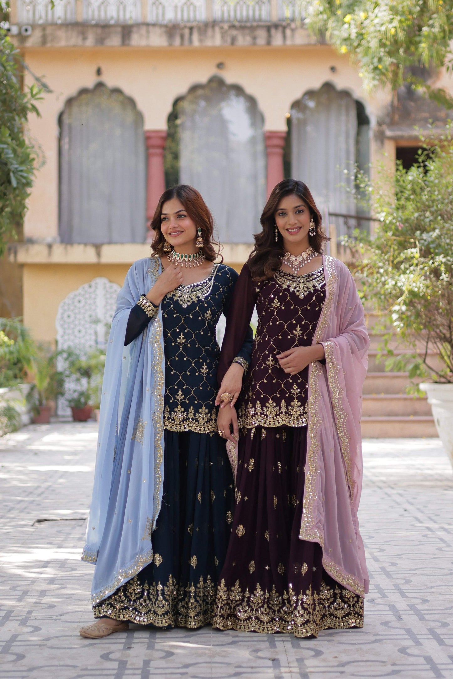 Jyoti Fashion Women's Rama & Wine Faux Blooming Sequins Embroidered Combo Sharara Set with Dupatta | Swadesiicart