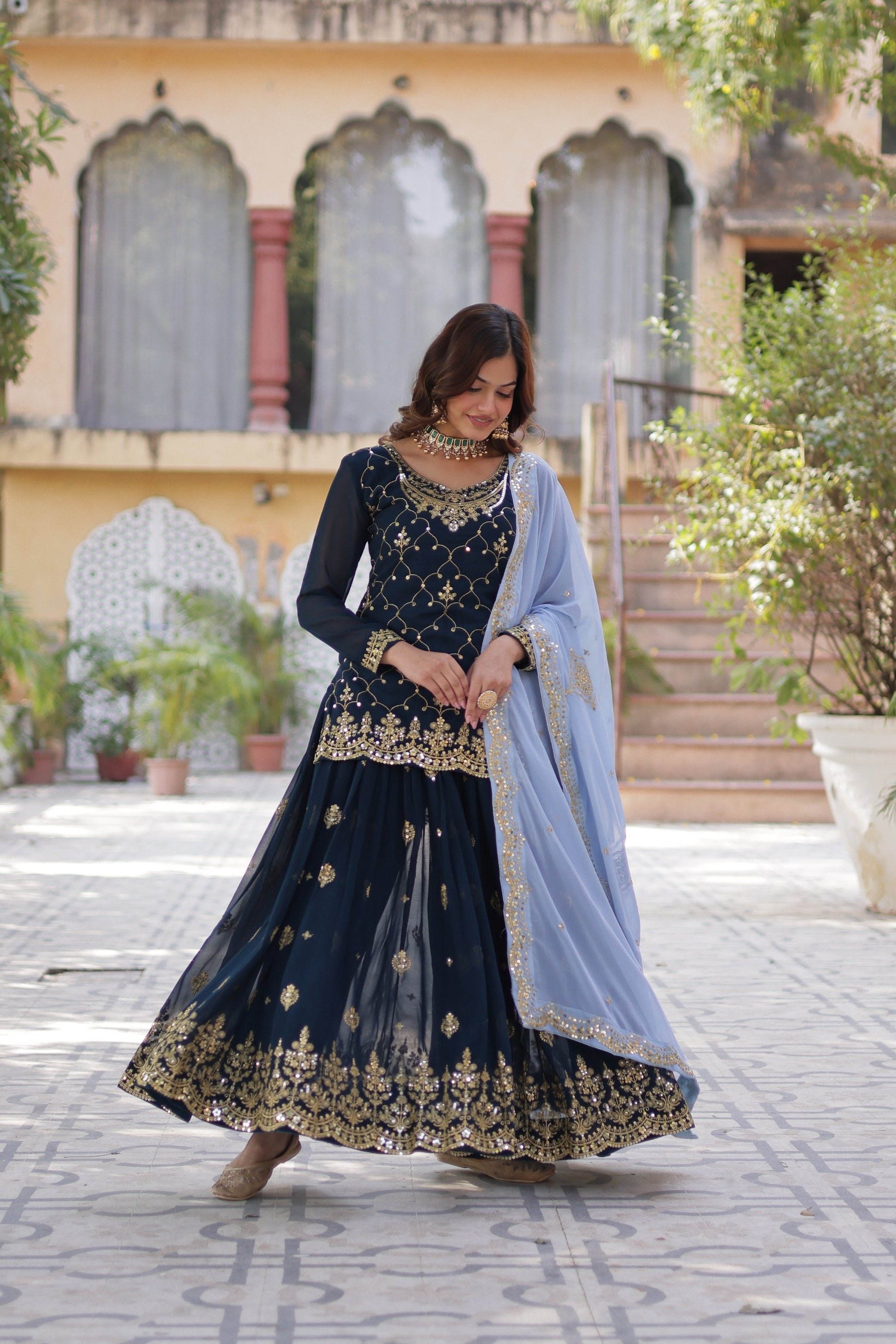 Jyoti Fashion Women's Rama Faux Blooming Sequins Embroidered Sharara Set with Dupatta | Swadesiicart