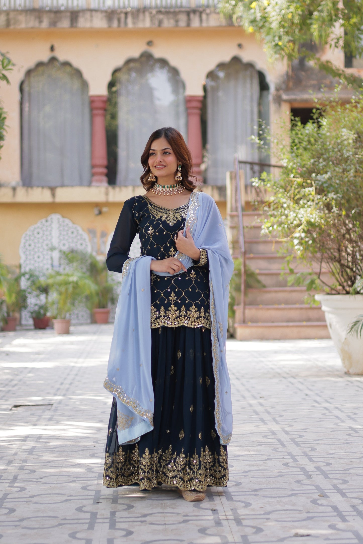 Jyoti Fashion Women's Rama Faux Blooming Sequins Embroidered Sharara Set with Dupatta | Swadesiicart