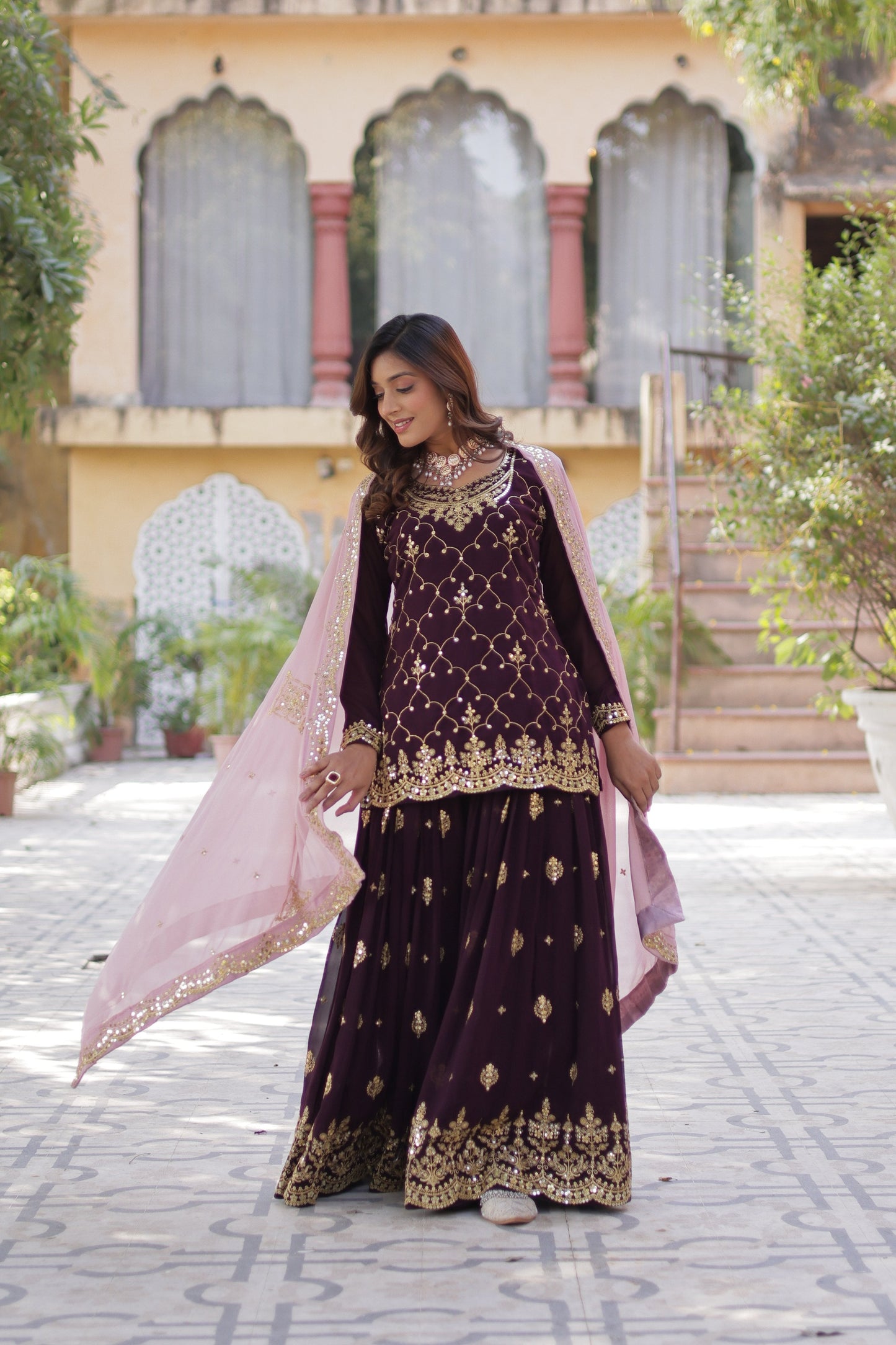 Jyoti Fashion Women's Wine Faux Blooming Sequins Embroidered Sharara Set with Dupatta | Swadesiicart