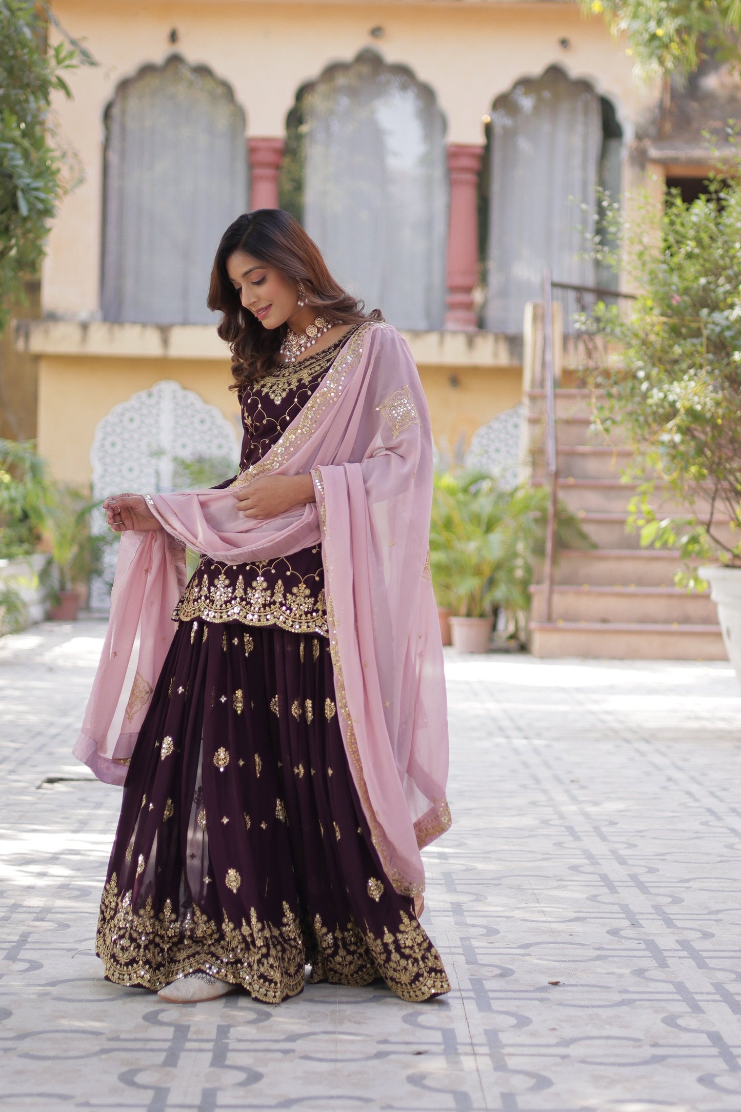 Jyoti Fashion Women's Wine Faux Blooming Sequins Embroidered Sharara Set with Dupatta | Swadesiicart