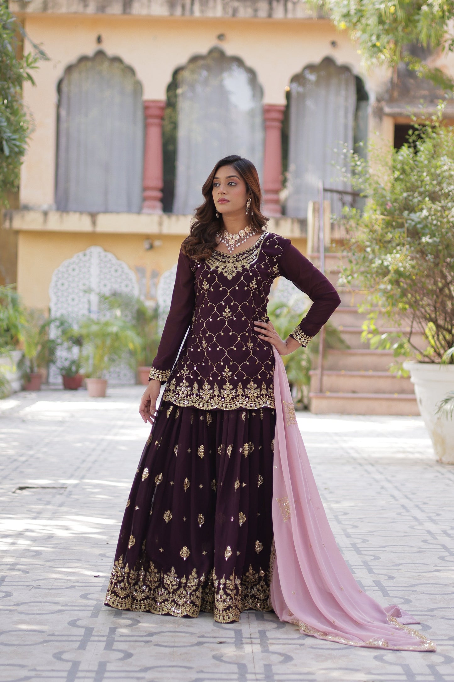 Jyoti Fashion Women's Wine Faux Blooming Sequins Embroidered Sharara Set with Dupatta | Swadesiicart
