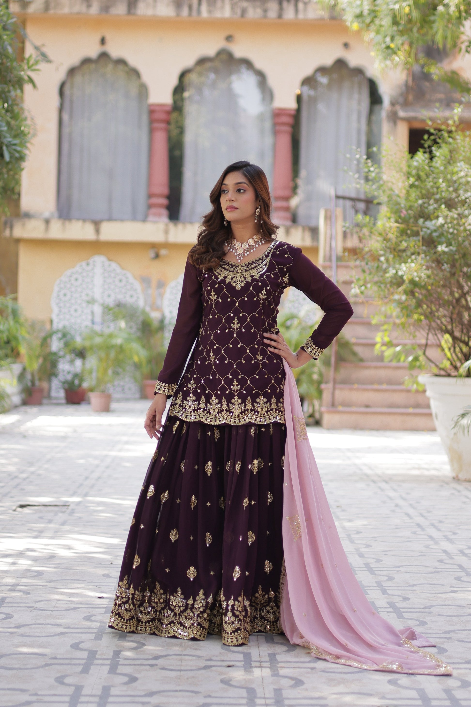 Jyoti Fashion Women's Wine Faux Blooming Sequins Embroidered Sharara Set with Dupatta | Swadesiicart