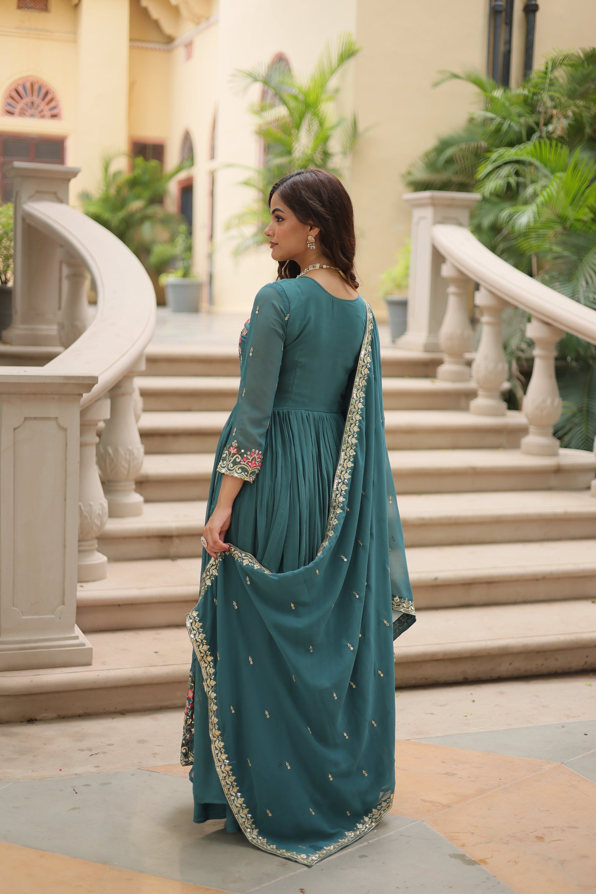 Jyoti Fashion Women's Rama Faux Georgette Rich Sequins Embroidered Anarkali Set with Dupatta | Swadesiicart