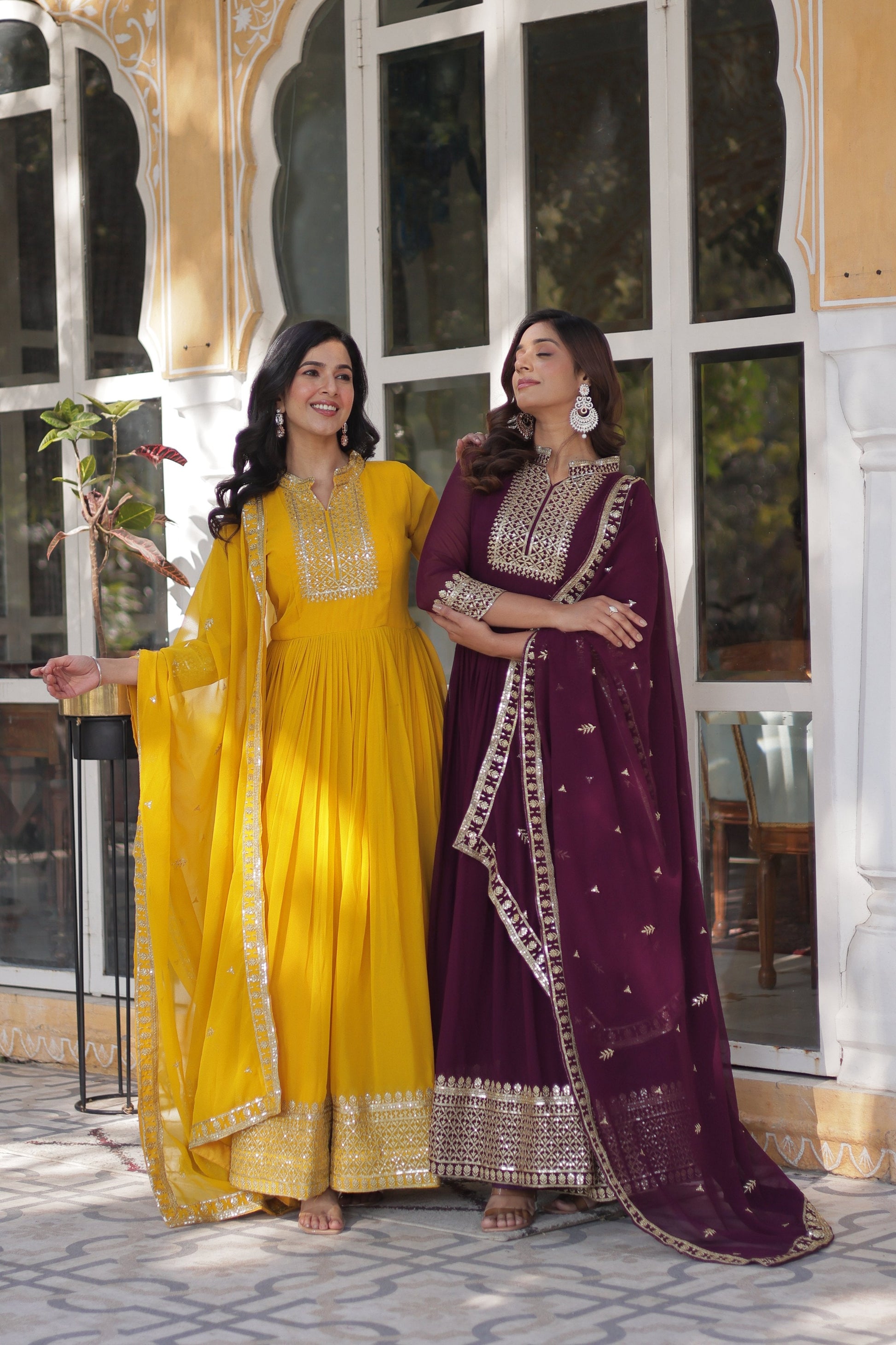 Jyoti Fashion Women's Yellow & Wine Faux Georgette Rich Sequins Embroidered Combo Anarkali Set with Dupatta | Swadesiicart
