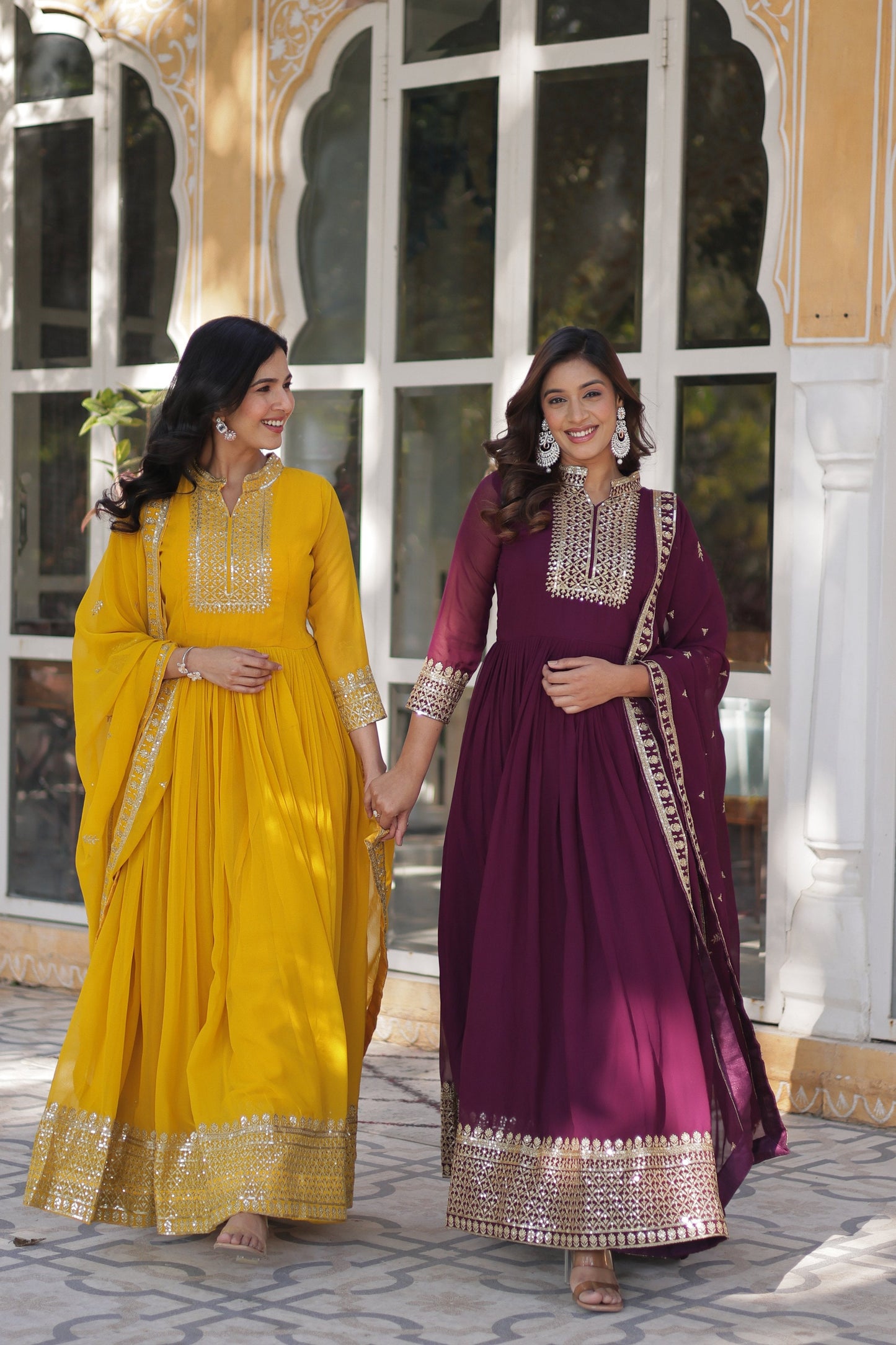 Jyoti Fashion Women's Yellow & Wine Faux Georgette Rich Sequins Embroidered Combo Anarkali Set with Dupatta | Swadesiicart