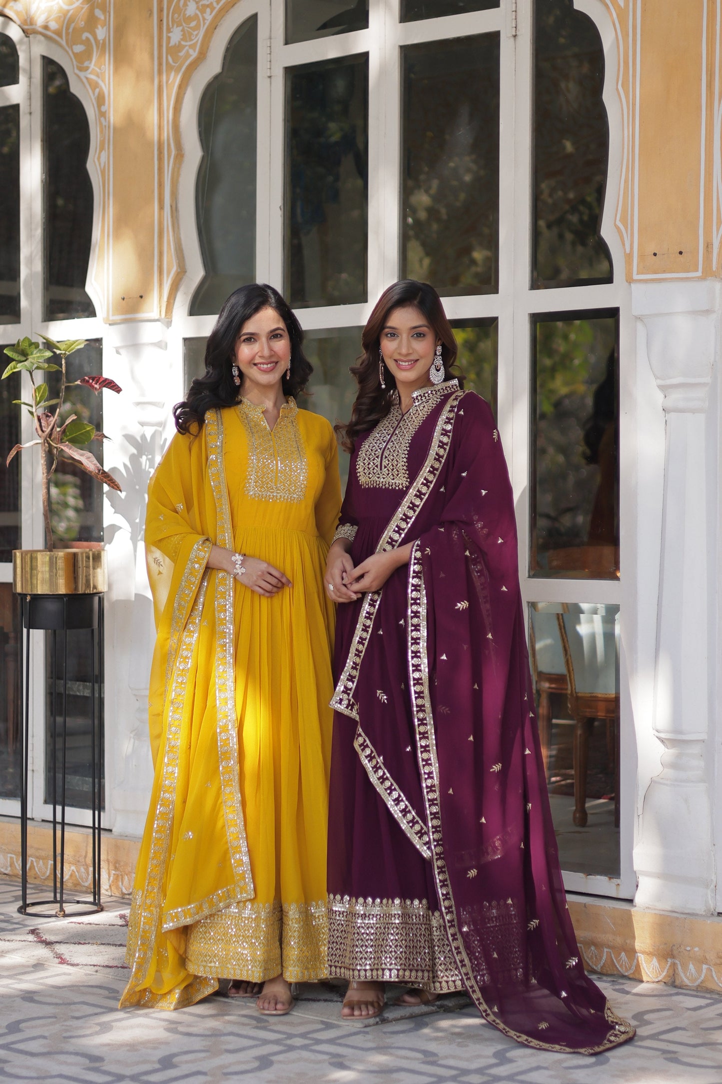 Jyoti Fashion Women's Yellow & Wine Faux Georgette Rich Sequins Embroidered Combo Anarkali Set with Dupatta | Swadesiicart