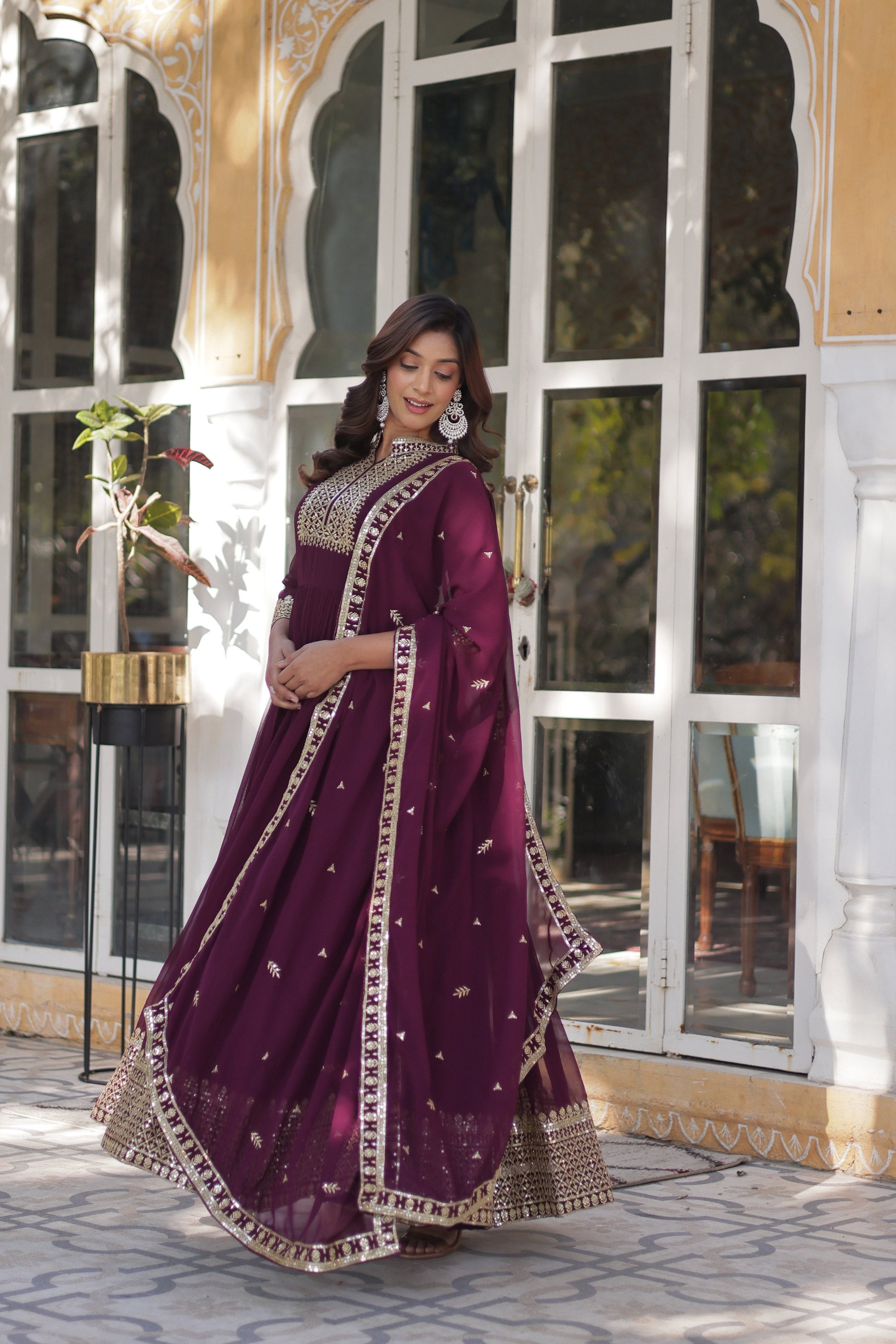 Jyoti Fashion Women's Wine Faux Georgette Rich Sequins Embroidered Anarkali Set with Dupatta | Swadesiicart