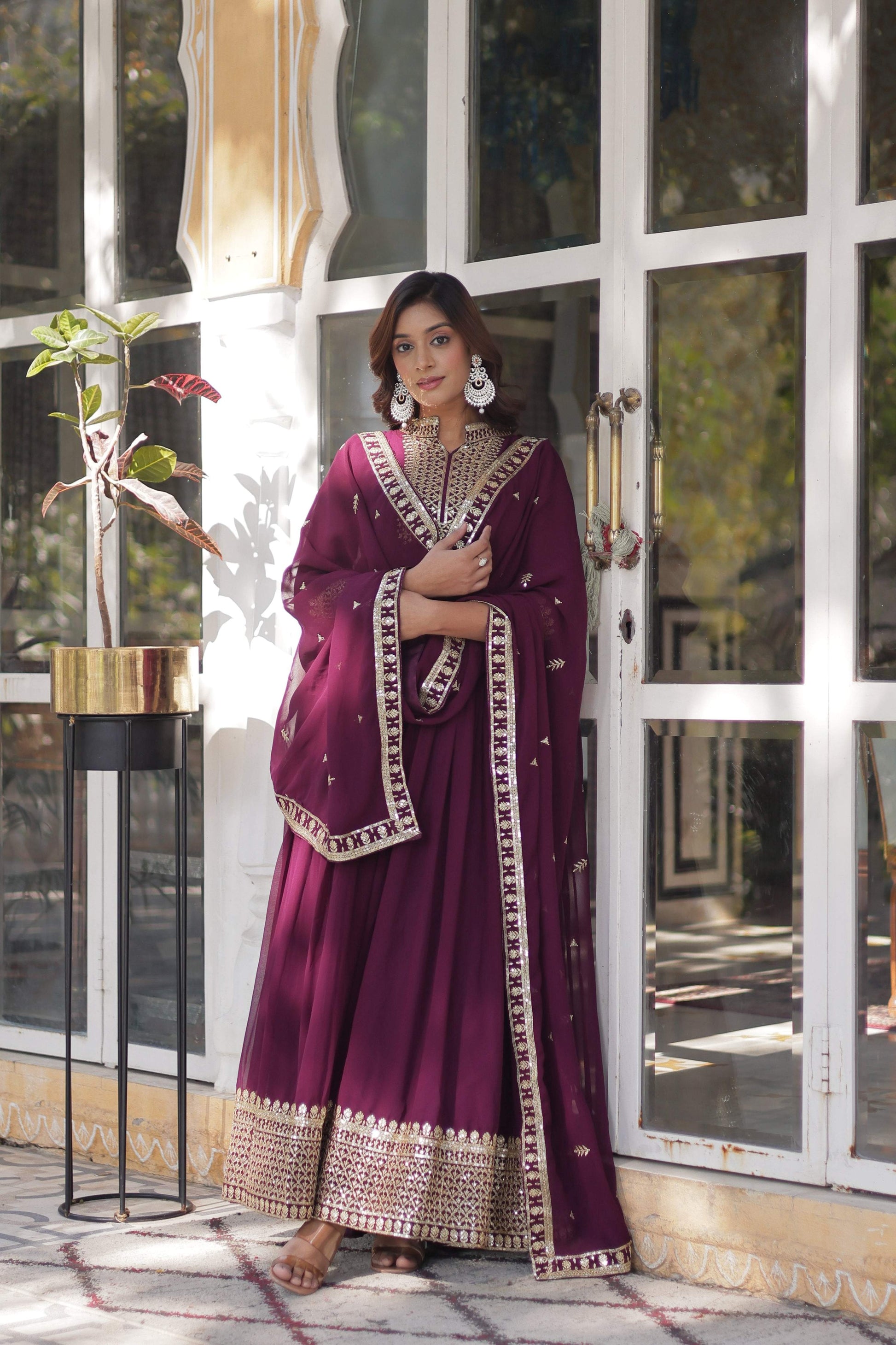 Jyoti Fashion Women's Wine Faux Georgette Rich Sequins Embroidered Anarkali Set with Dupatta | Swadesiicart
