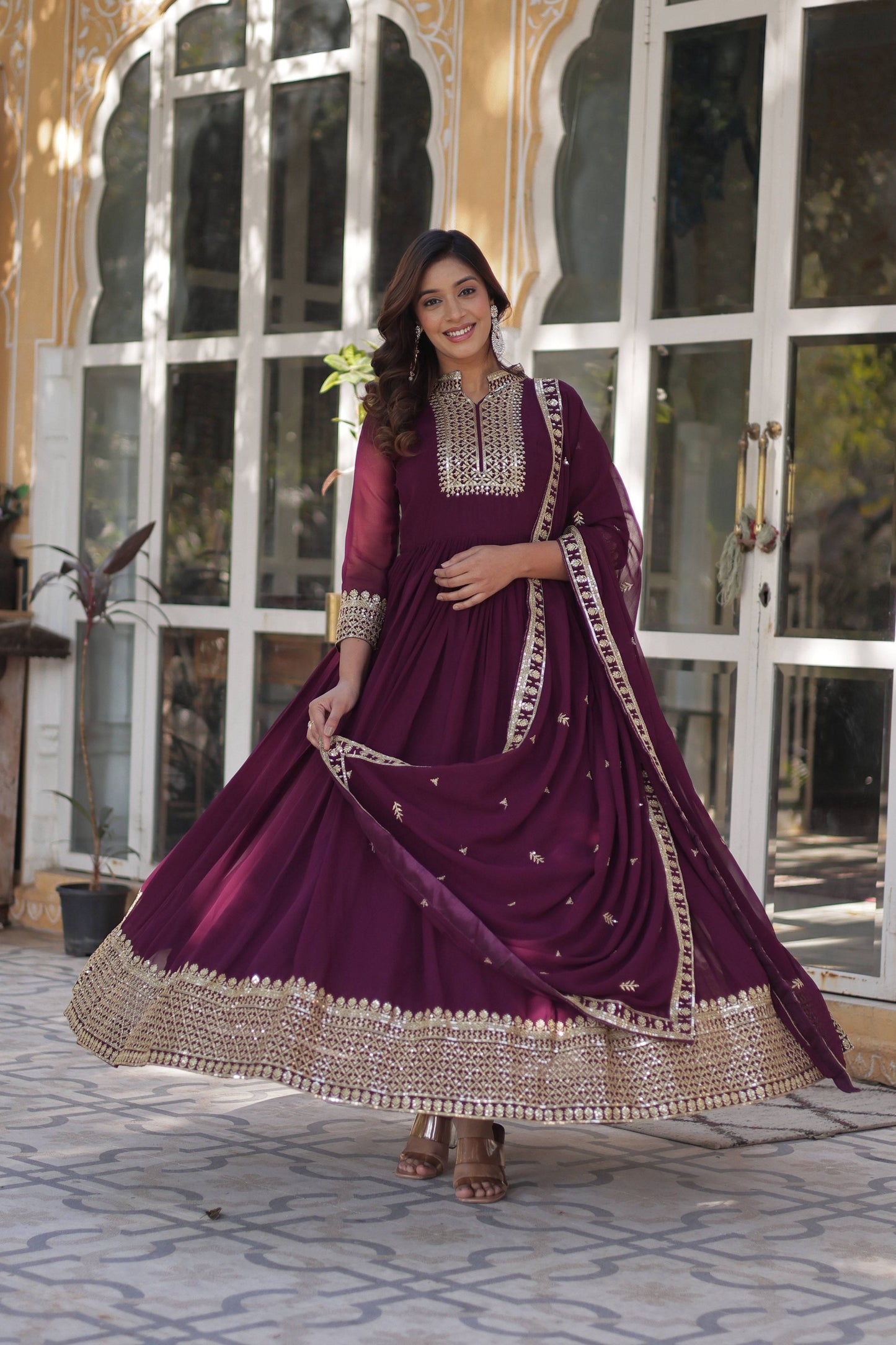 Jyoti Fashion Women's Wine Faux Georgette Rich Sequins Embroidered Anarkali Set with Dupatta | Swadesiicart