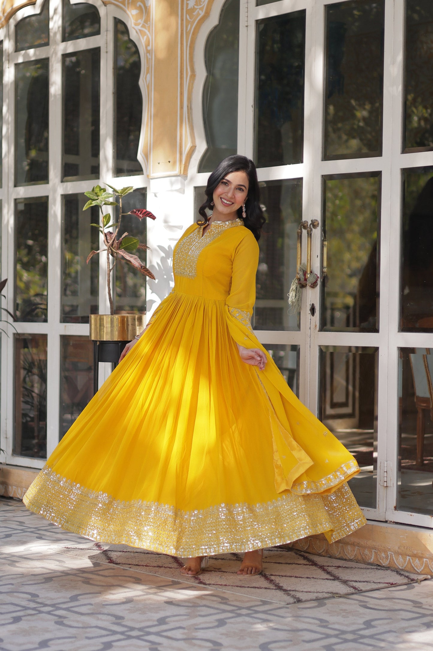 Jyoti Fashion Women's Yellow Faux Georgette Rich Sequins Embroidered Anarkali Set with Dupatta | Swadesiicart