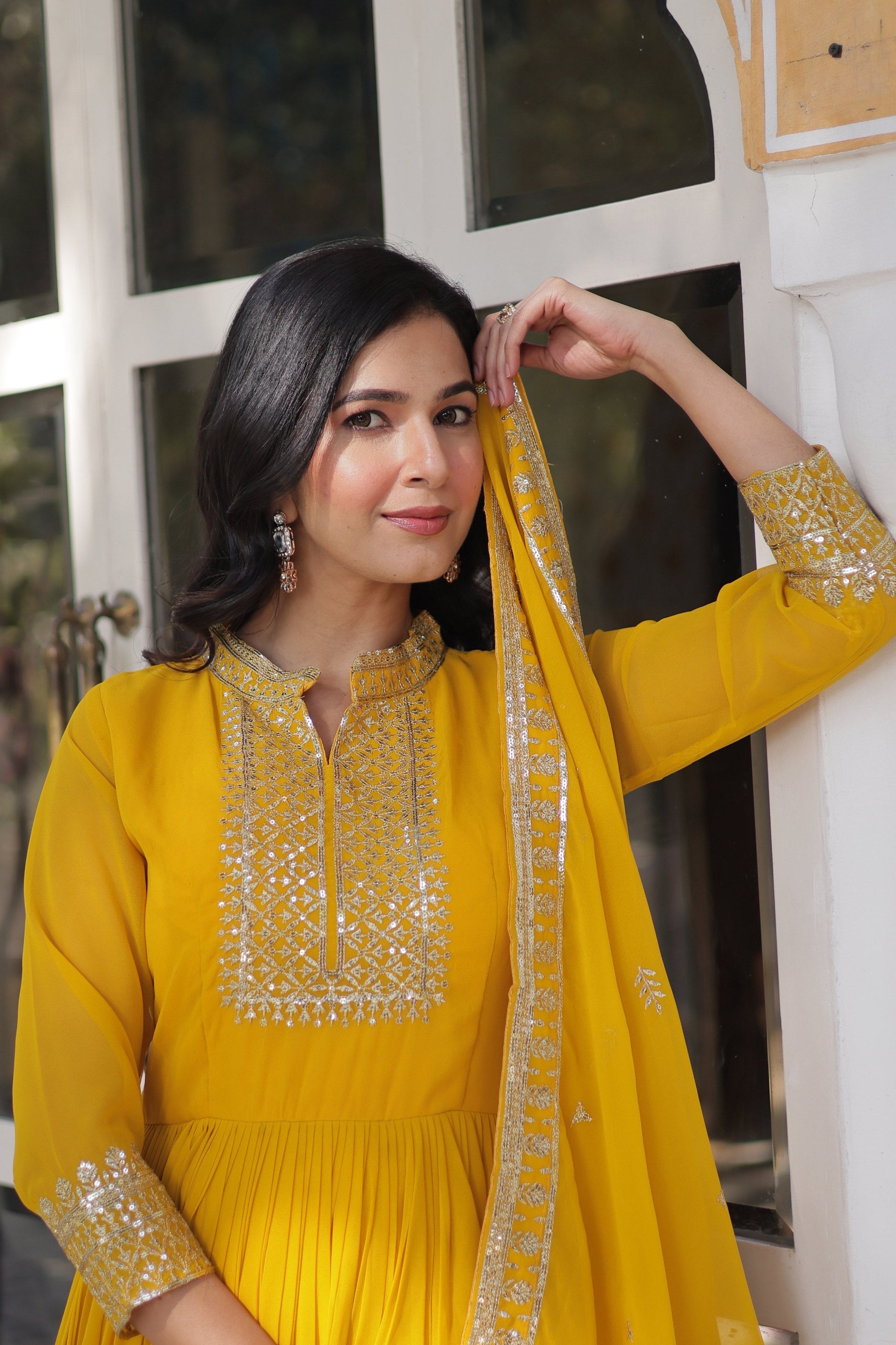 Jyoti Fashion Women's Yellow Faux Georgette Rich Sequins Embroidered Anarkali Set with Dupatta | Swadesiicart