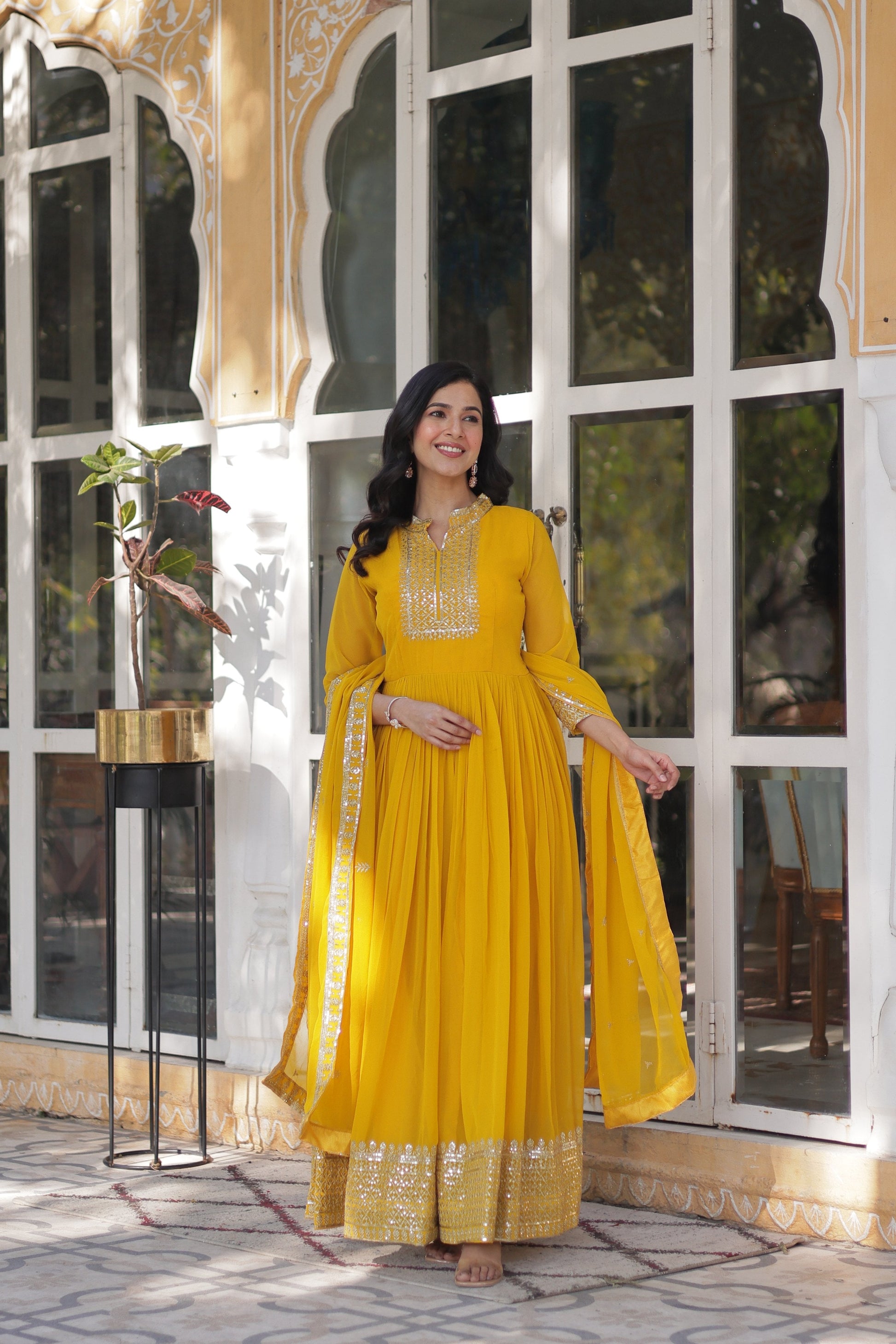 Jyoti Fashion Women's Yellow Faux Georgette Rich Sequins Embroidered Anarkali Set with Dupatta | Swadesiicart