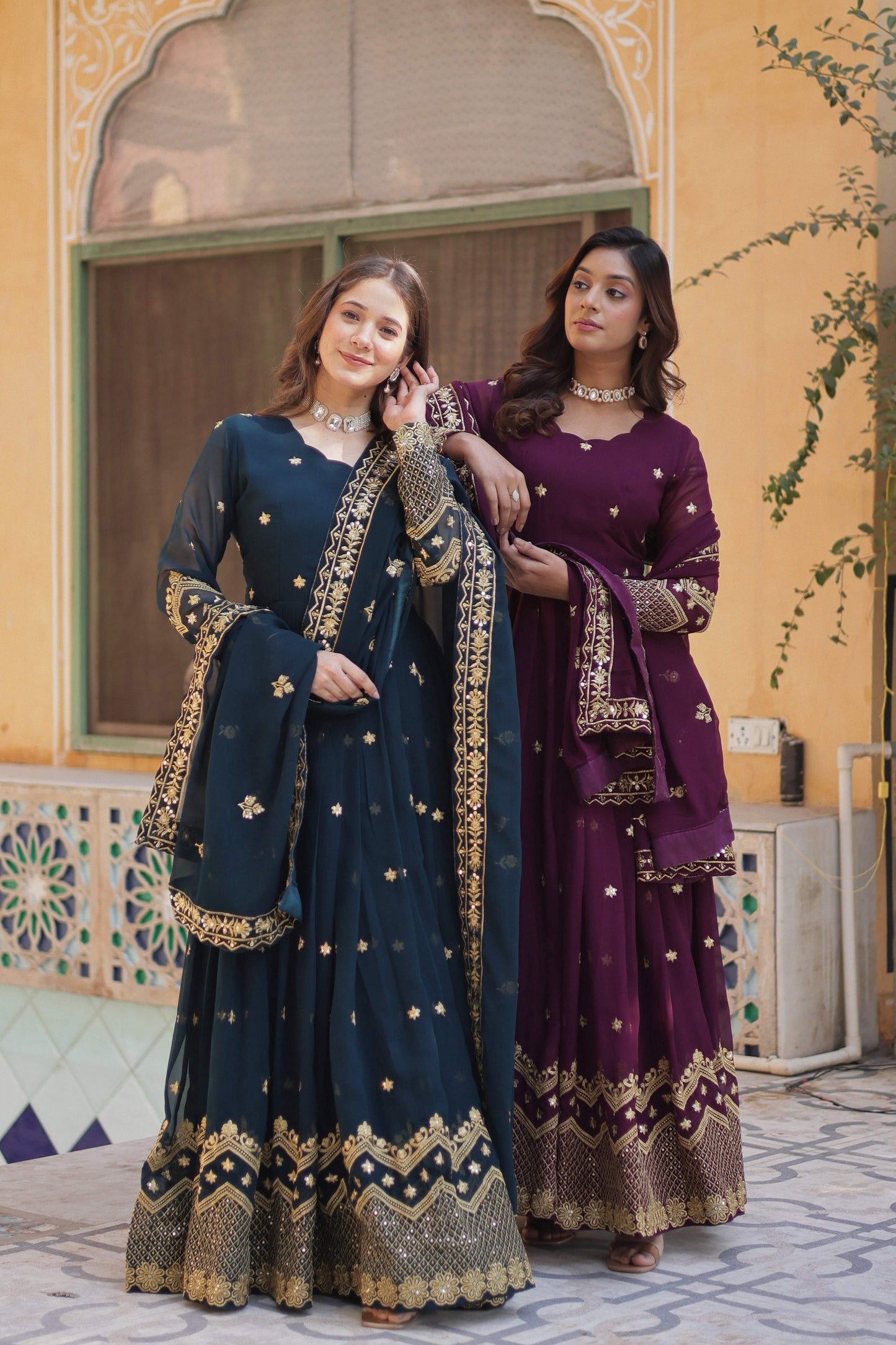 Jyoti Fashion Women's Rama & Wine Faux Georgette Zari with Sequins Embroidered Combo Anarkali Set with Dupatta | Swadesiicart