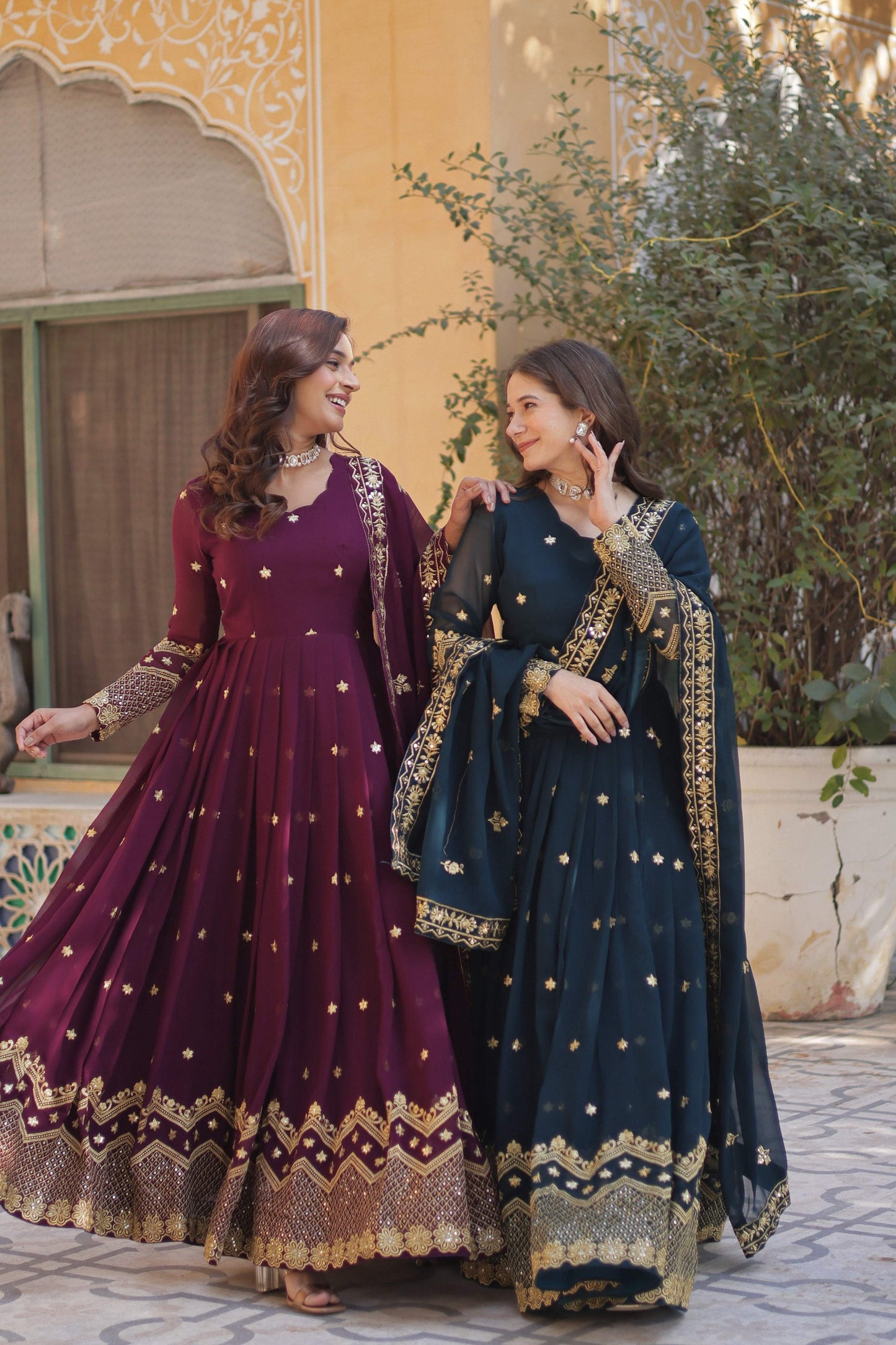 Jyoti Fashion Women's Rama & Wine Faux Georgette Zari with Sequins Embroidered Combo Anarkali Set with Dupatta | Swadesiicart