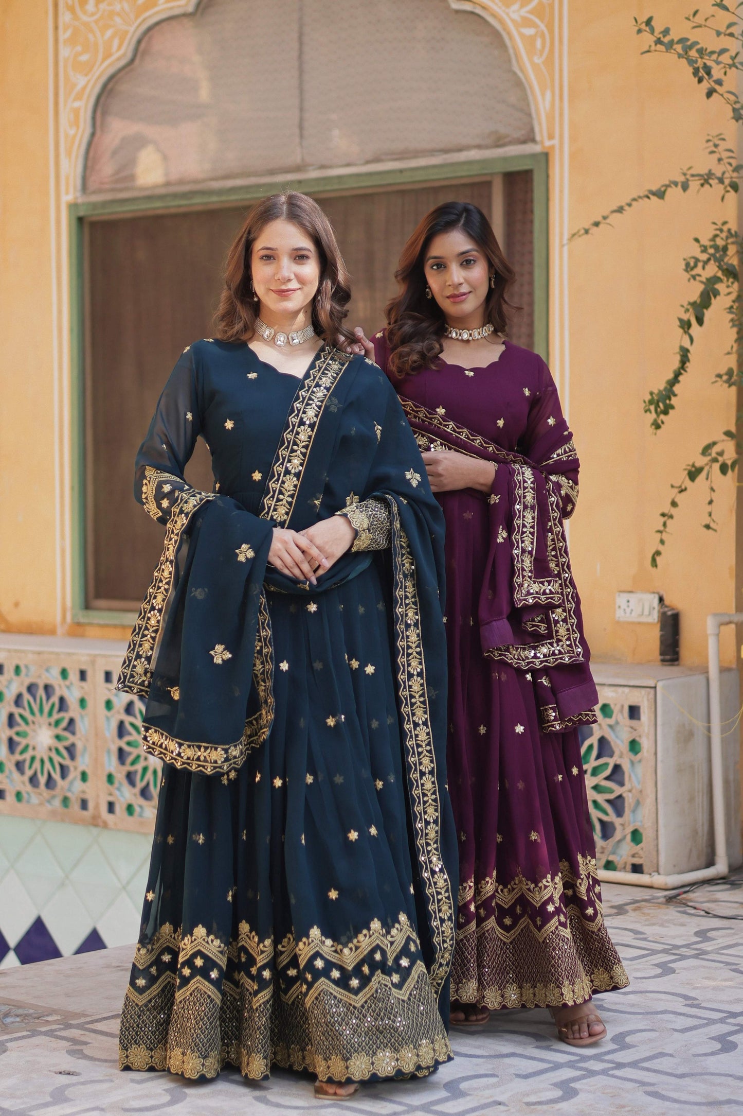 Jyoti Fashion Women's Rama & Wine Faux Georgette Zari with Sequins Embroidered Combo Anarkali Set with Dupatta | Swadesiicart